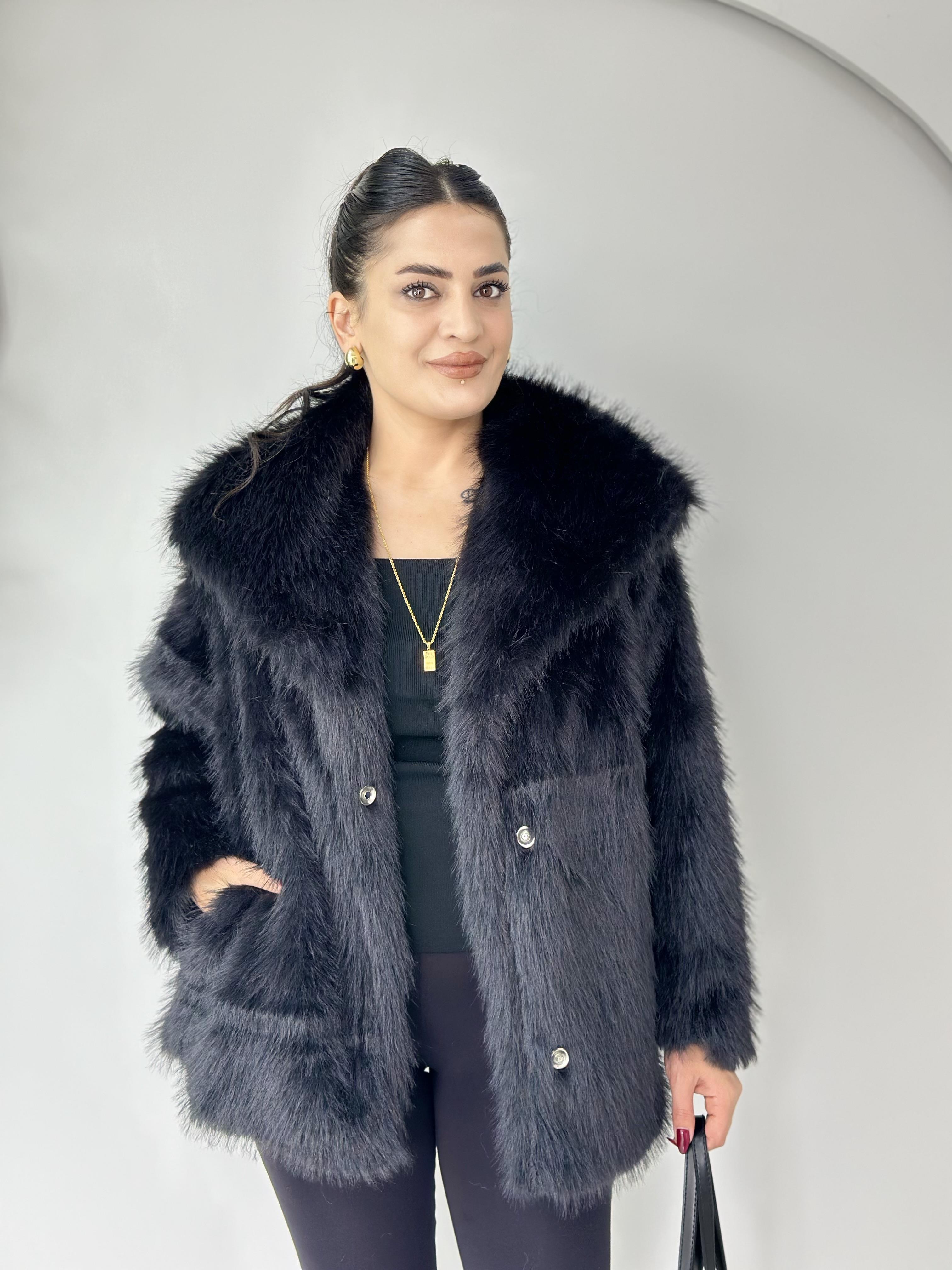 Ruby Siyah Çıtçıt Astarlı Kürk Kaban A703