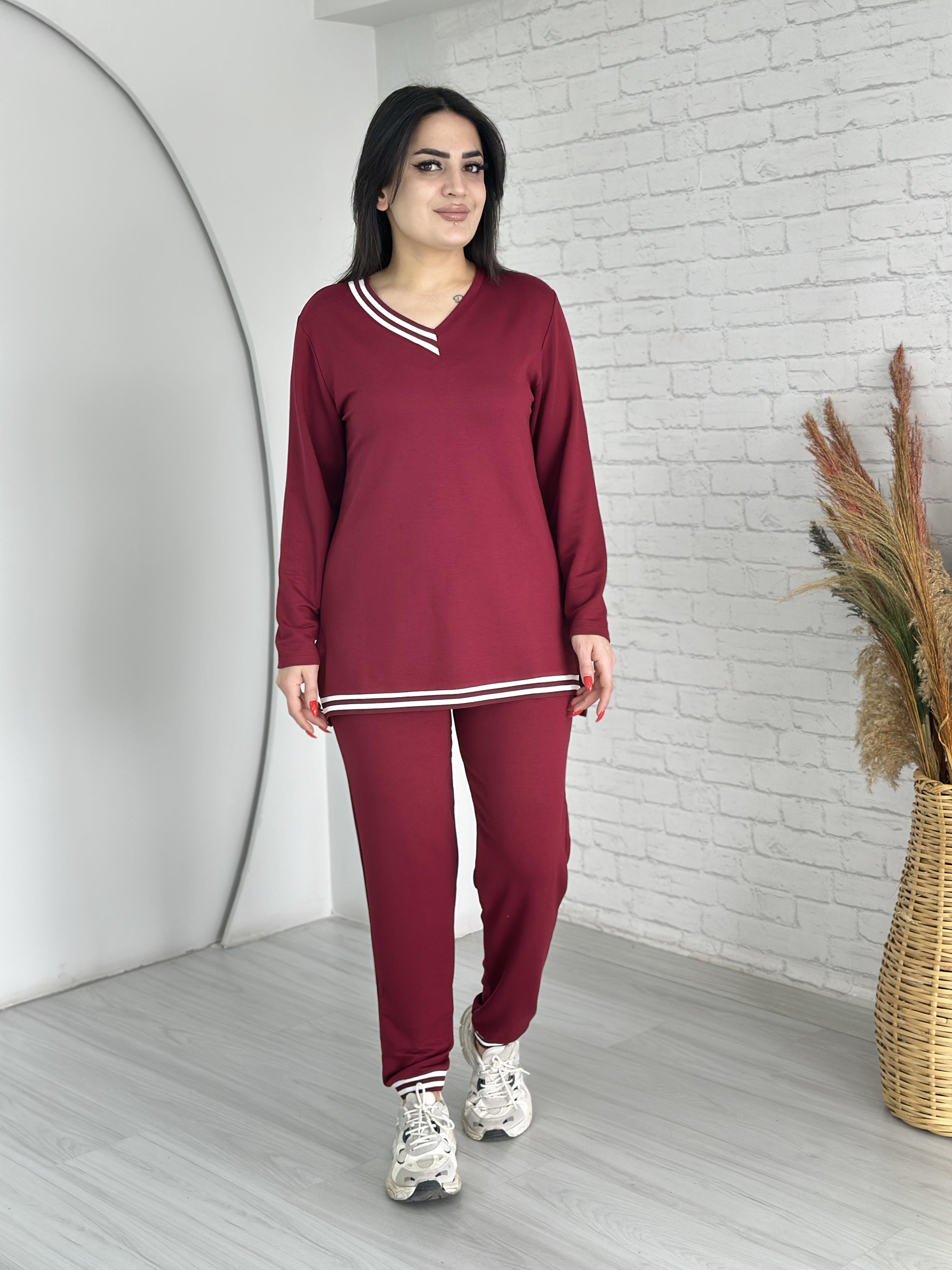 Rush Bordo V Yaka Ribanalı Viskon Kumaş İkili Takım D009