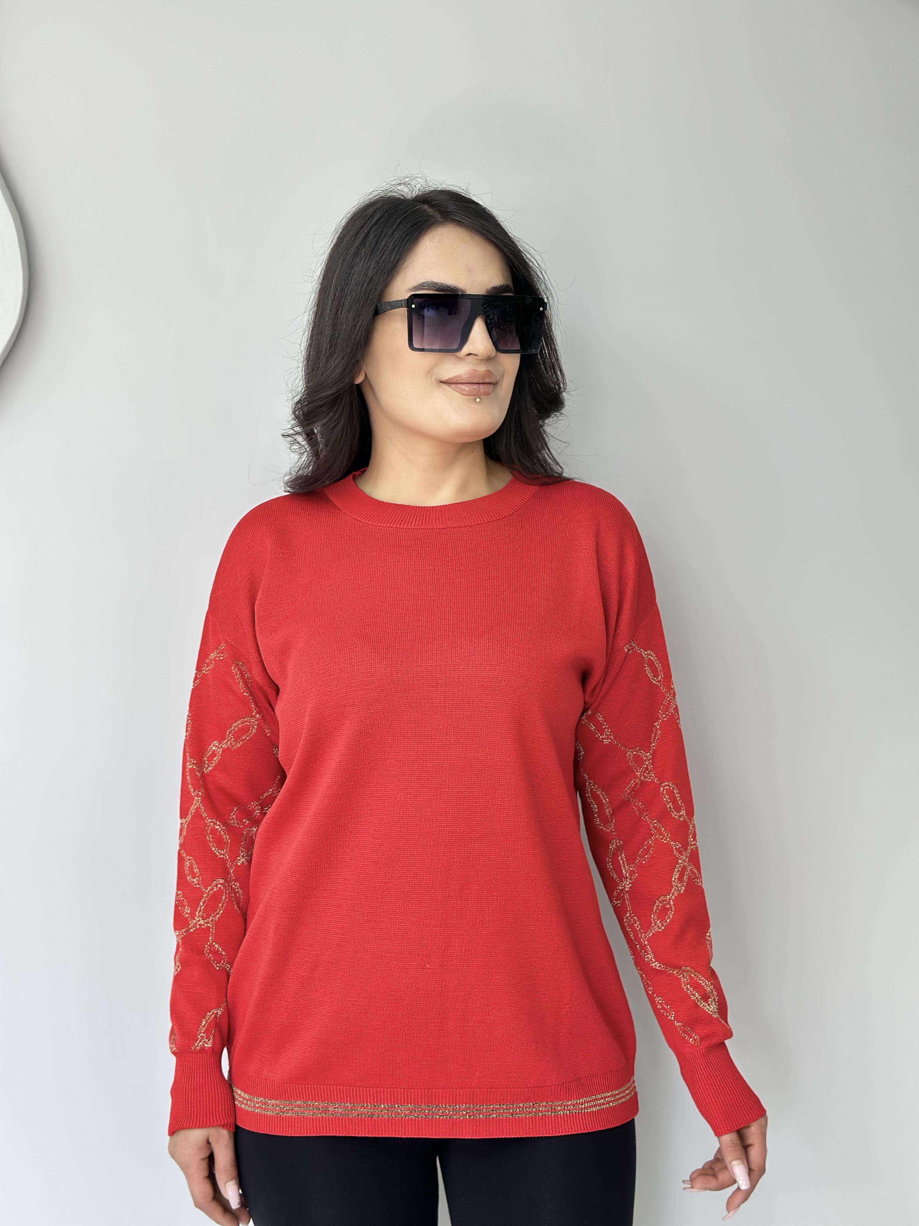 Rush Kırmızı Bisiklet Yaka Kolları Zincir Desenli Triko Kazak A323