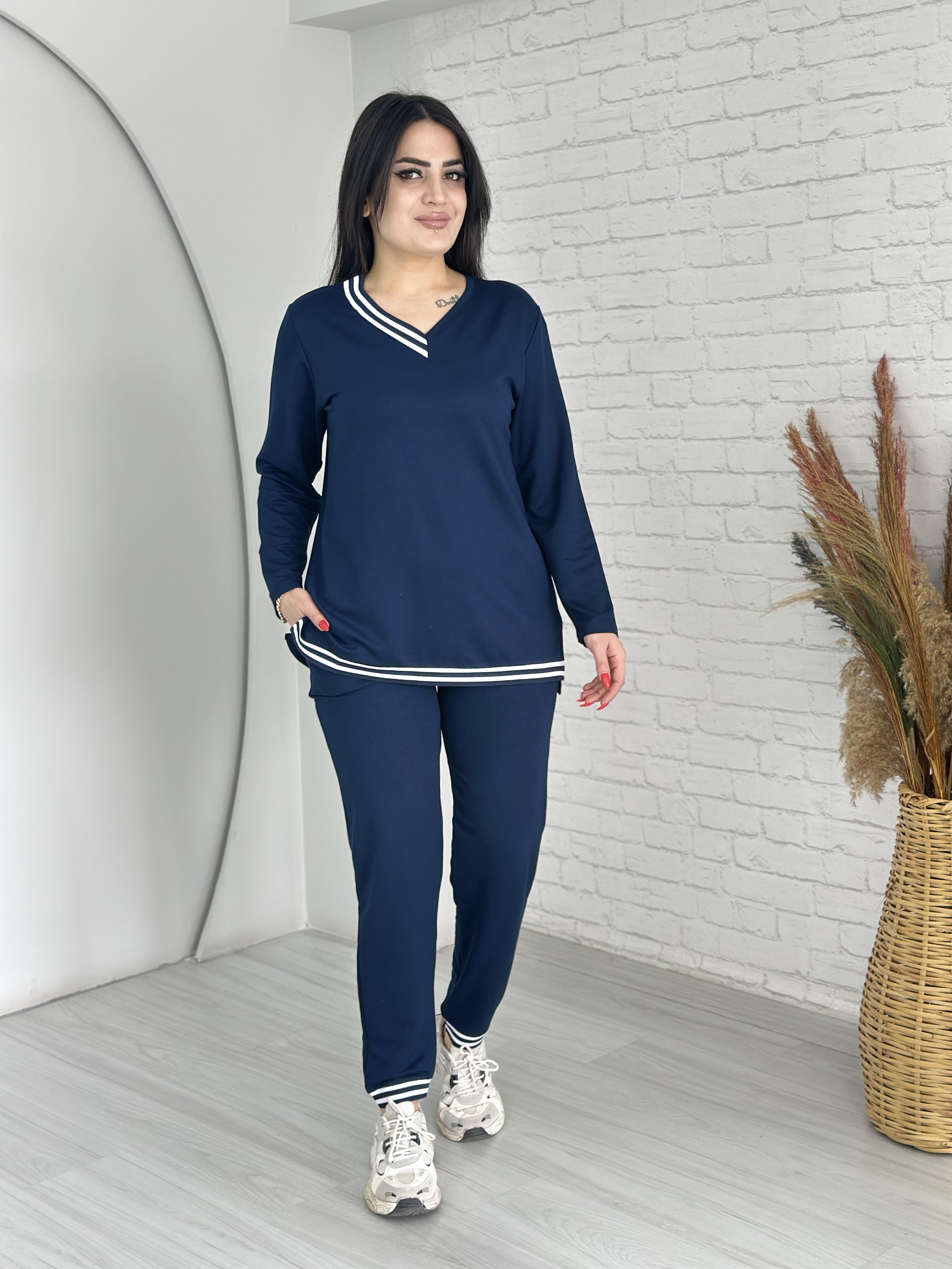 Rush Lacivert V Yaka Ribanalı Viskon Kumaş İkili Takım D009