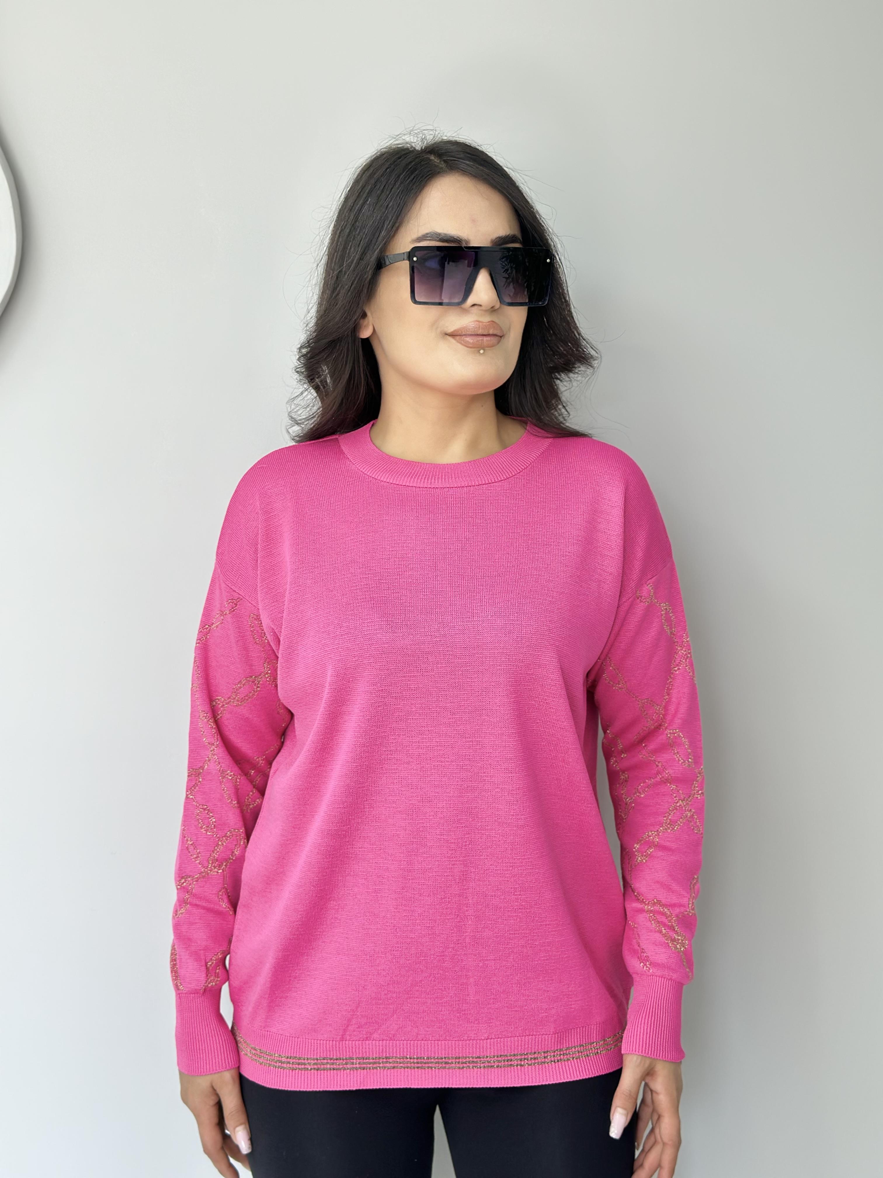 Rush Pembe Bisiklet Yaka Kolları Zincir Desenli Triko Kazak A319 