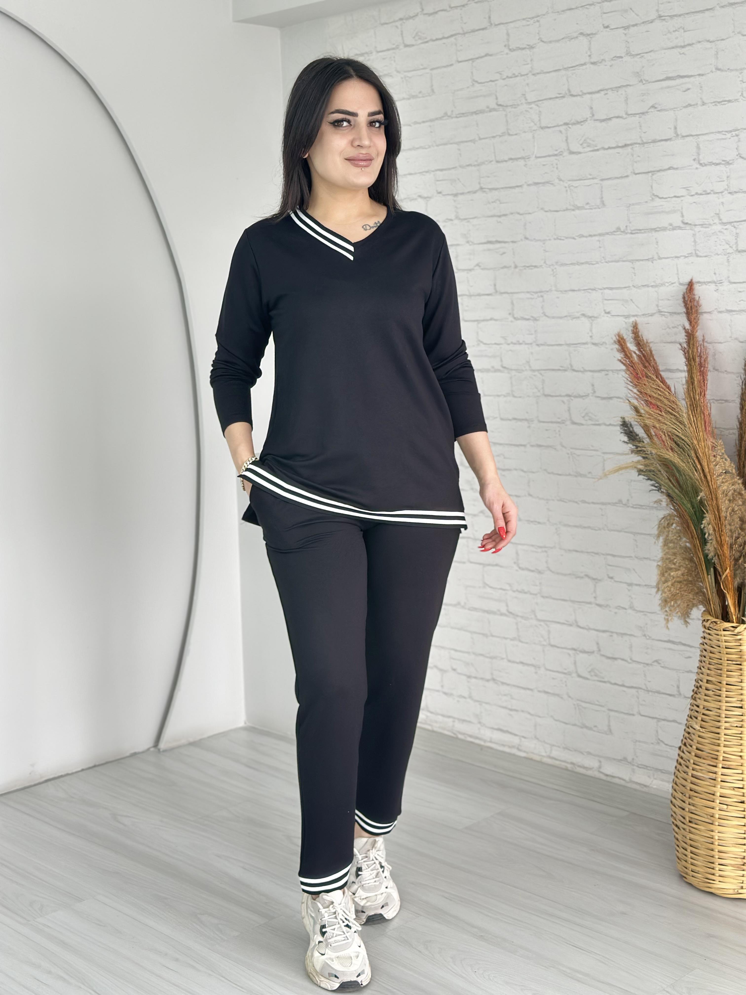 Rush Siyah V Yaka Ribanalı Viskon Kumaş İkili Takım D009