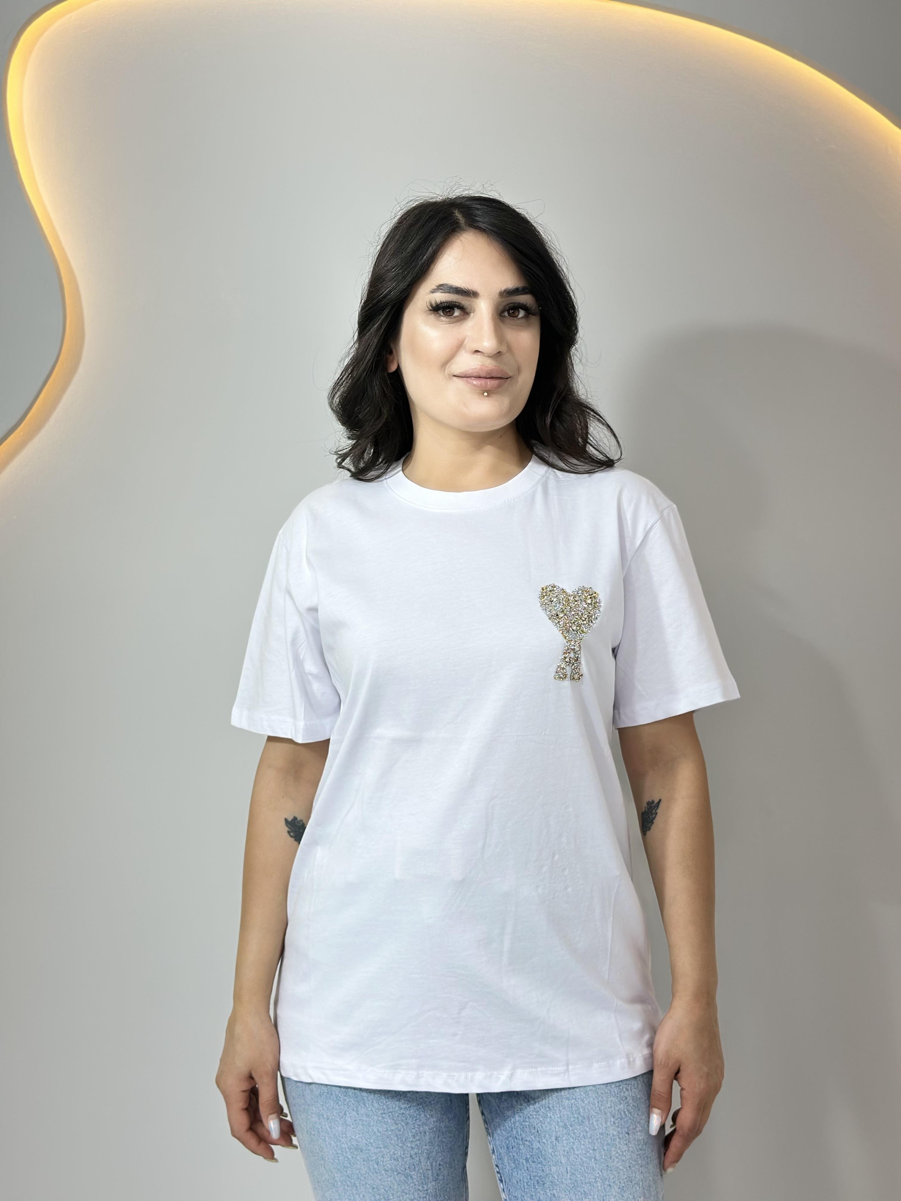 Sade Beyaz Taşlı A Baskılı Tshirt A077 