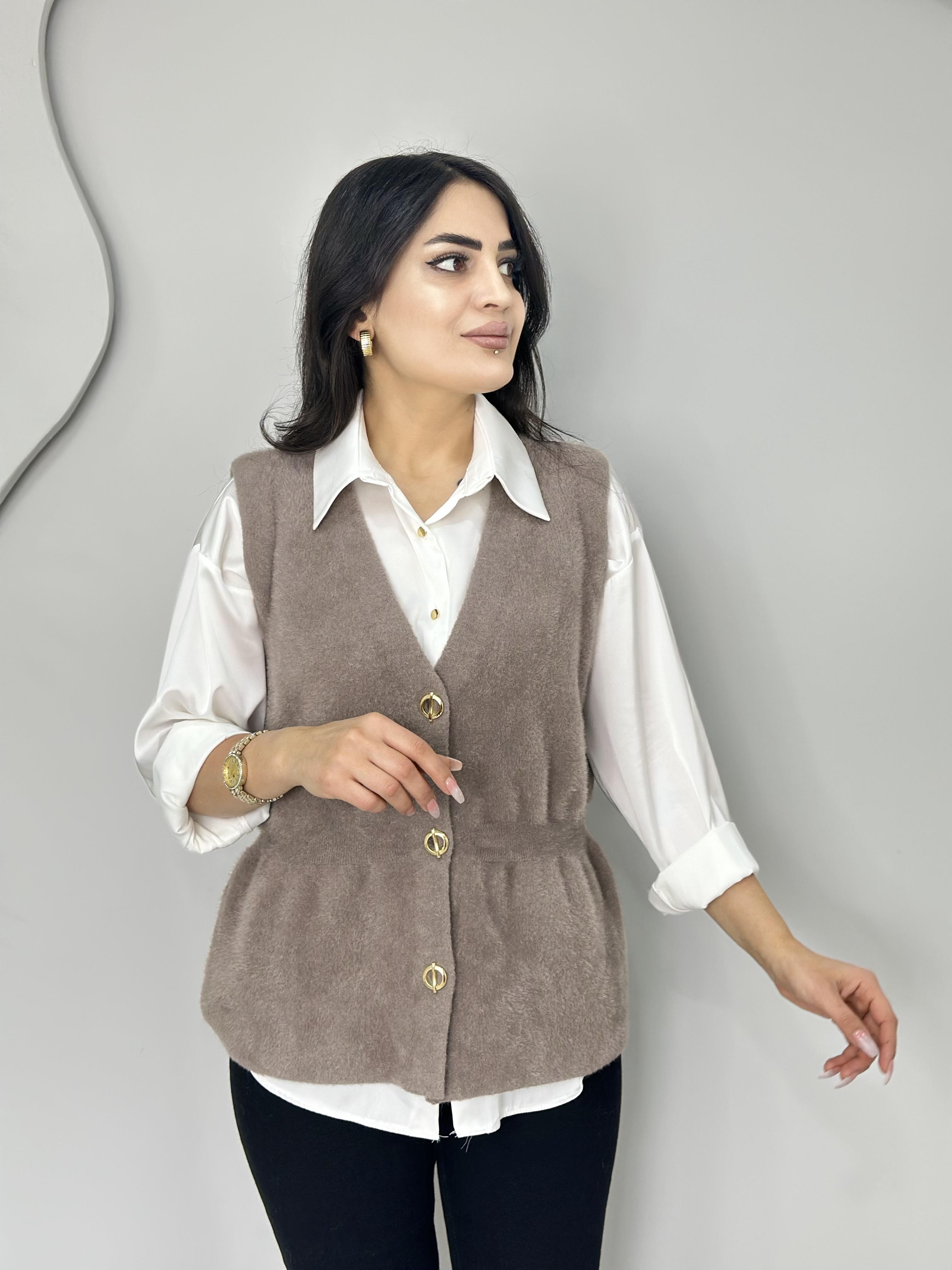 Sade Vizon Peluş Gold Düğmeli Büzgüllü Yelek A031