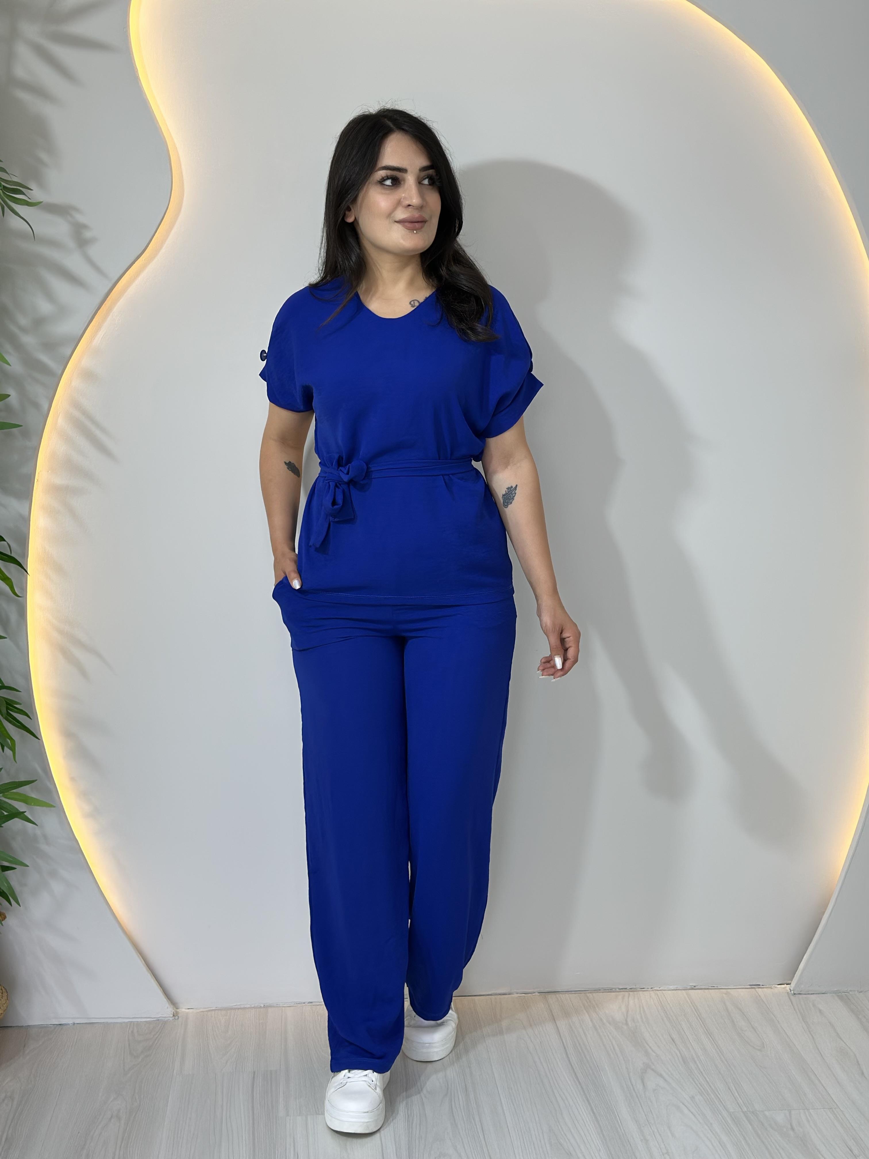 Saks Mavi Aerobin Keten Yarım Kol Bel Kuşaklı İkili Takım A002