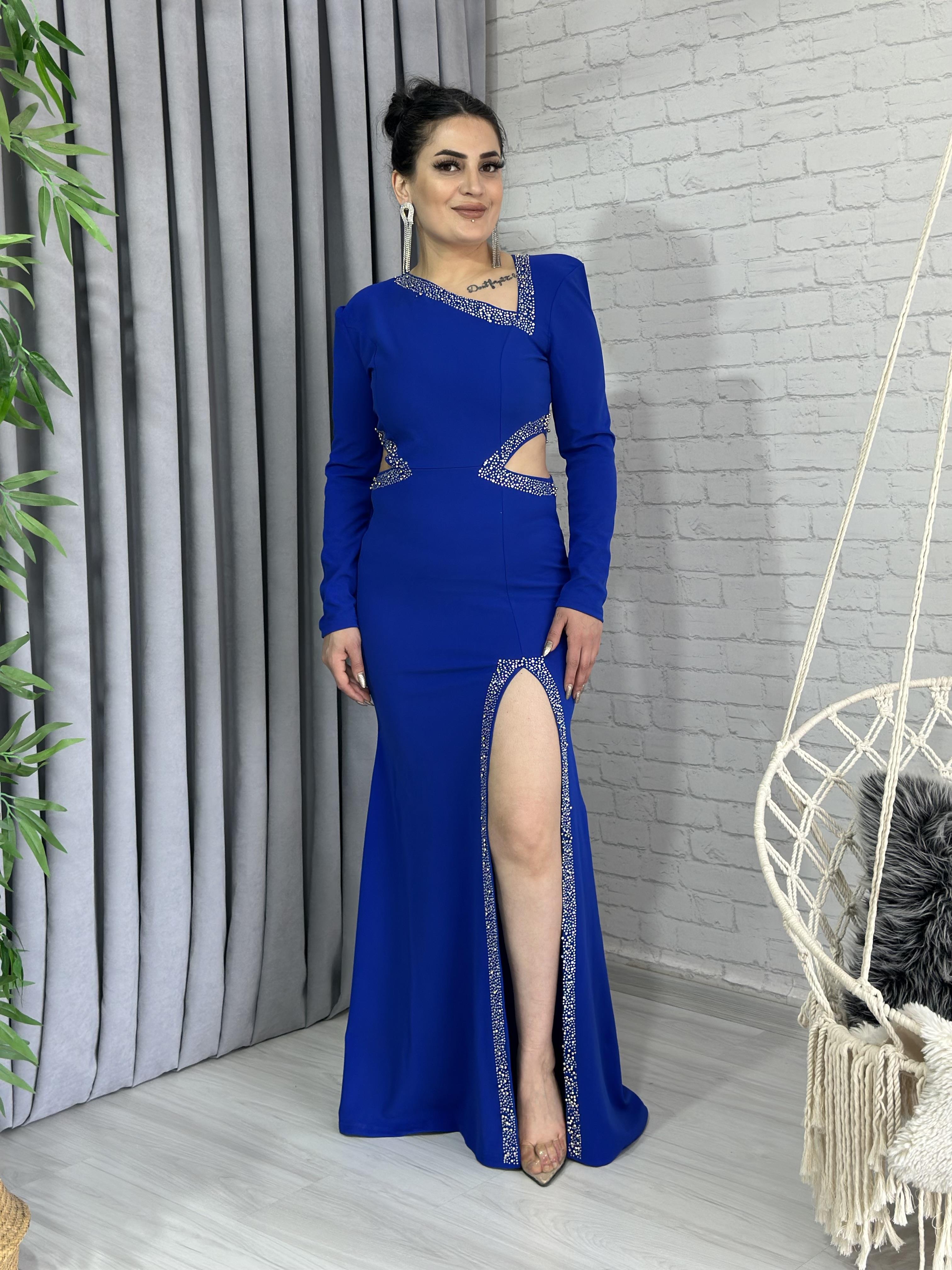 Saks Mavi Taşlı Bel Dekolteli Yırtmaçlı Krep Abiye Elbise A901