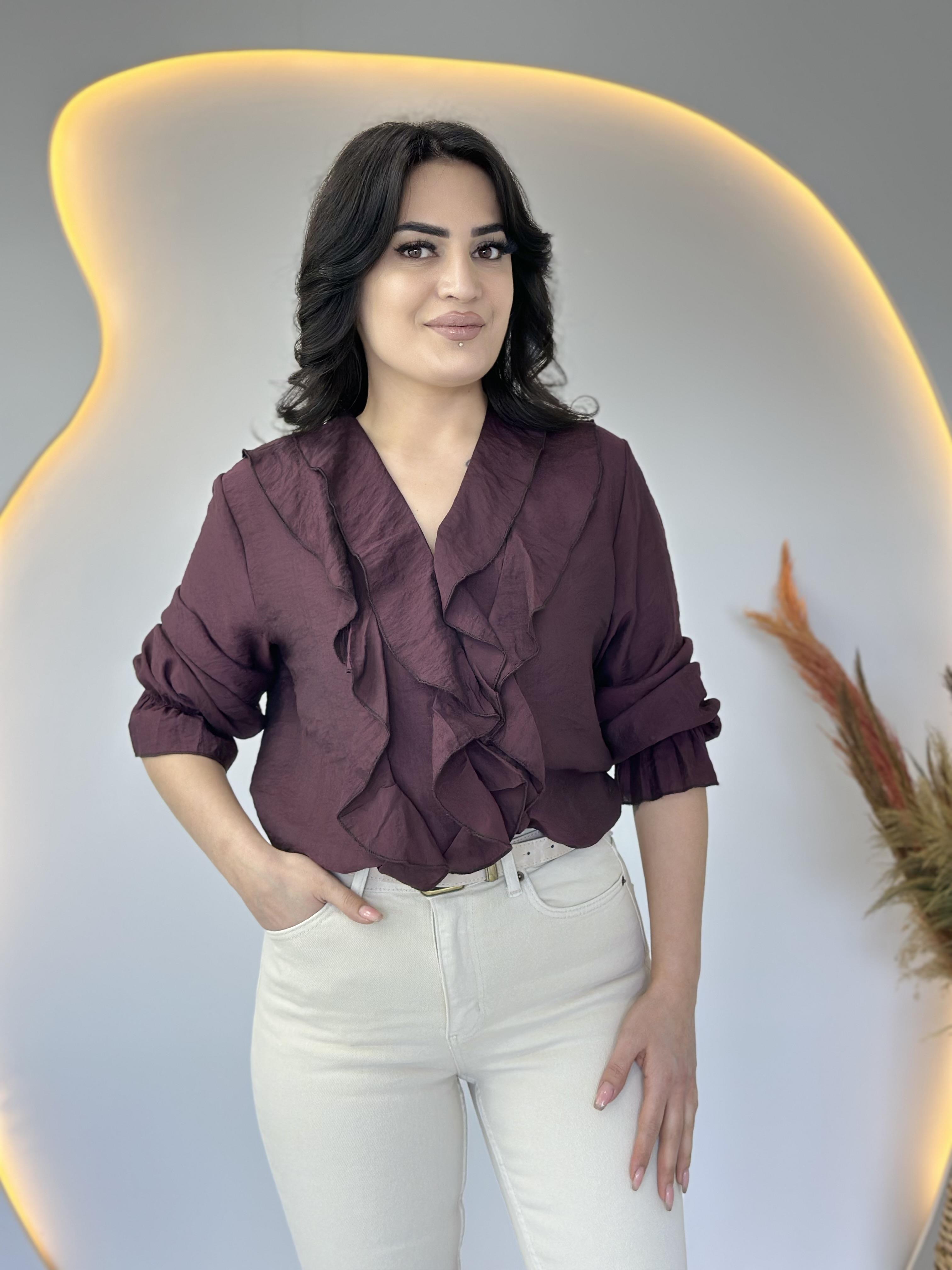 Savu Bordo Fırfırlı V Yaka Düğmeli Dokuma Bluz D048