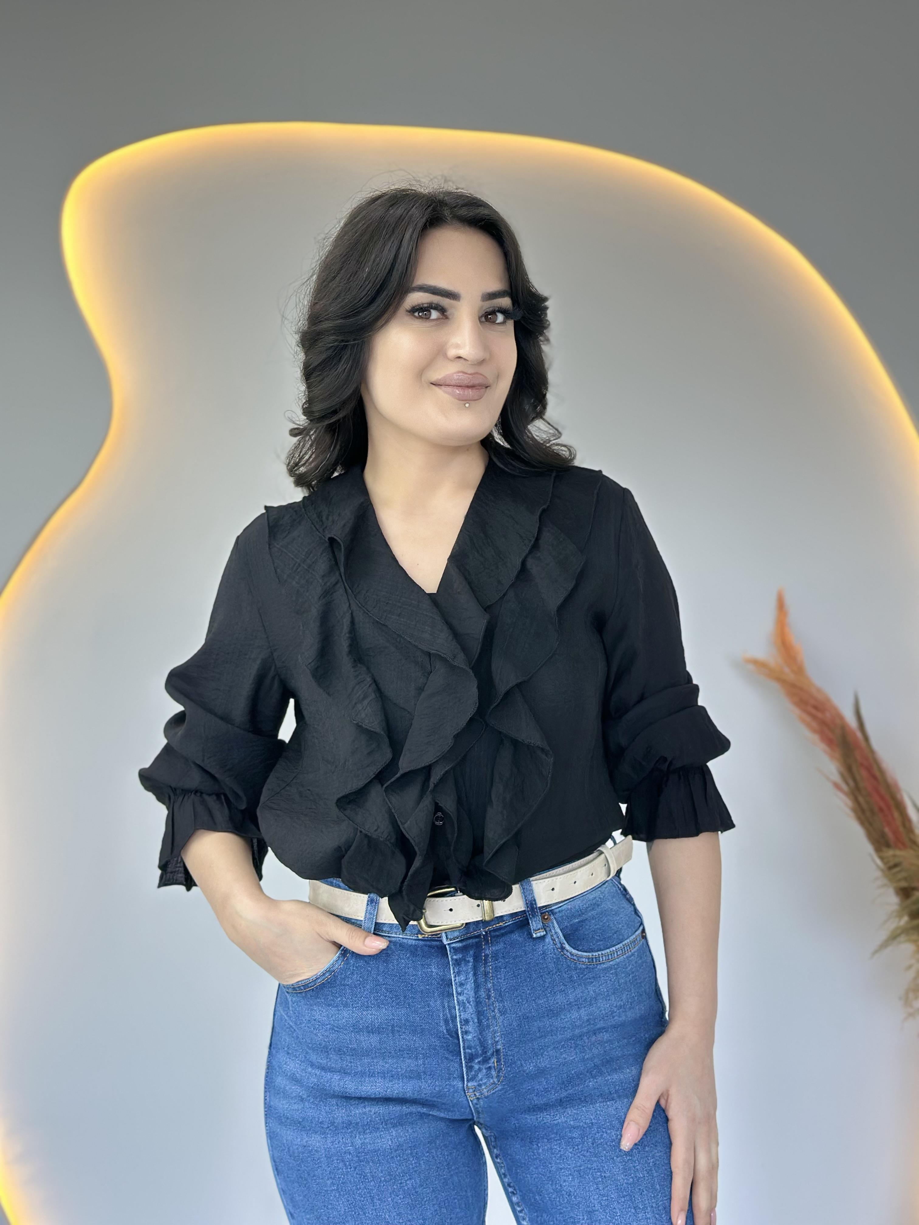 Savu Siyah Fırfırlı V Yaka Düğmeli Dokuma Bluz D048