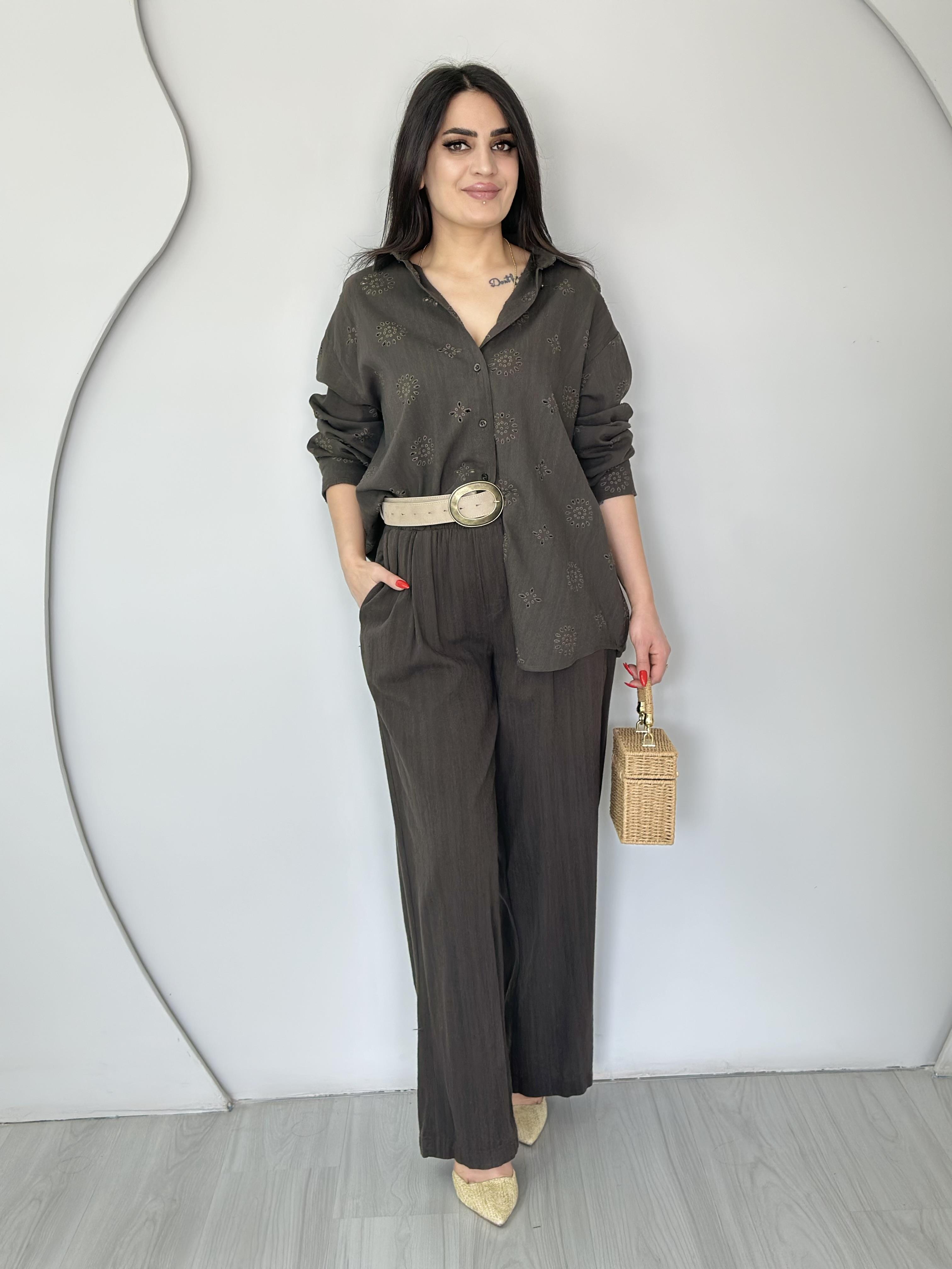 Seize Asker Yeşili Çiçek Nakışlı %100 Pamuklu Gömlek Pantolon Keten Takım O777