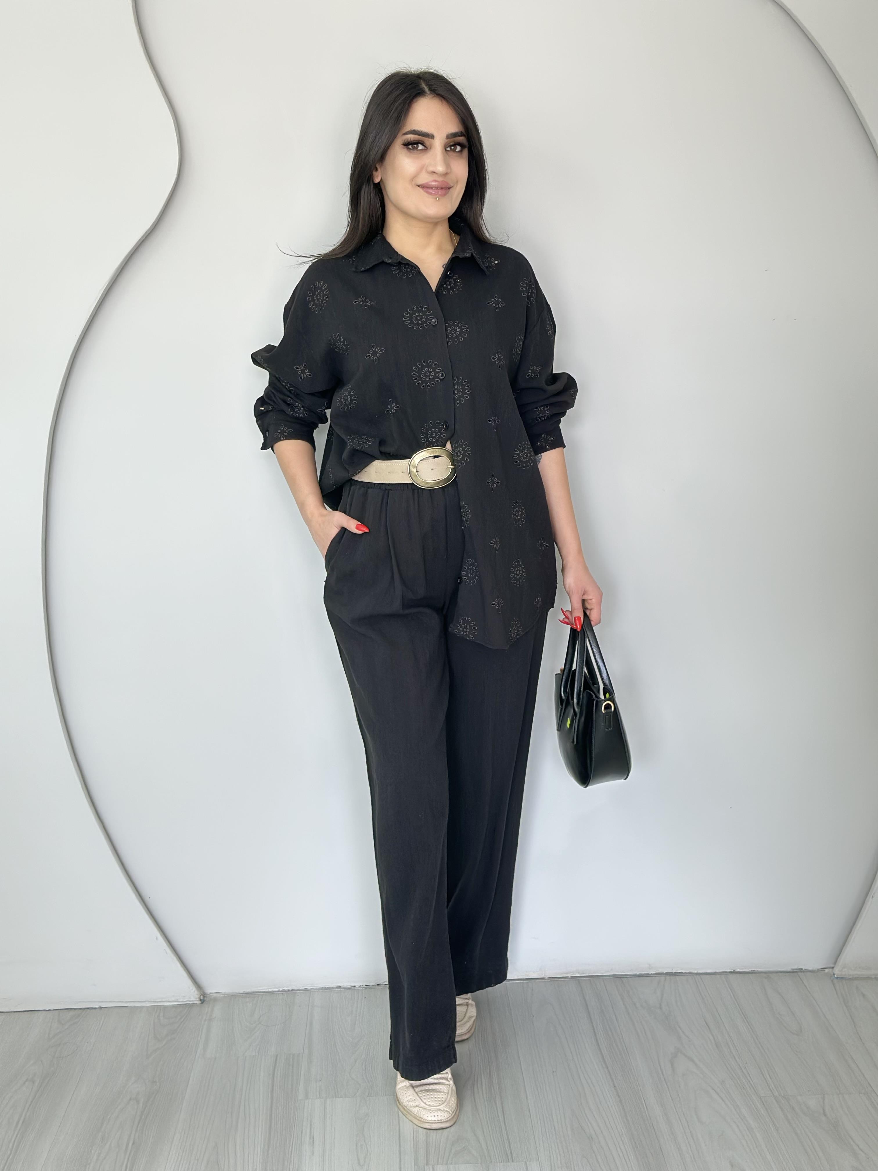 Seize Siyah Çiçek Nakışlı %100 Pamuklu Gömlek Pantolon Keten Takım O777