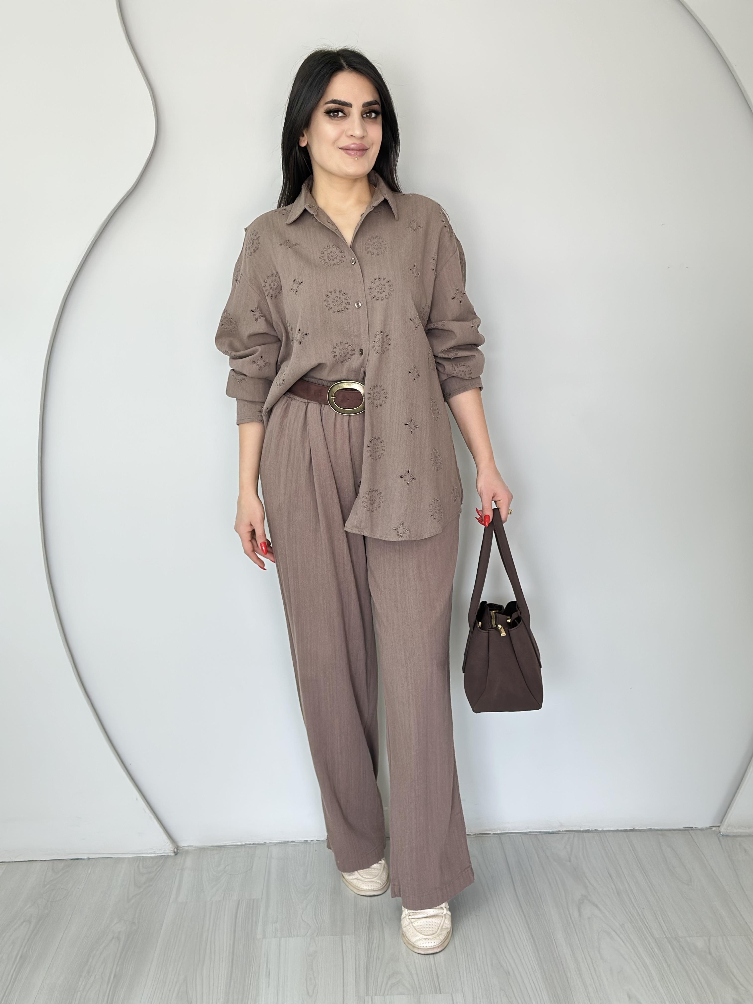 Seize Vizon Çiçek Nakışlı %100 Pamuklu Gömlek Pantolon Keten Takım O777