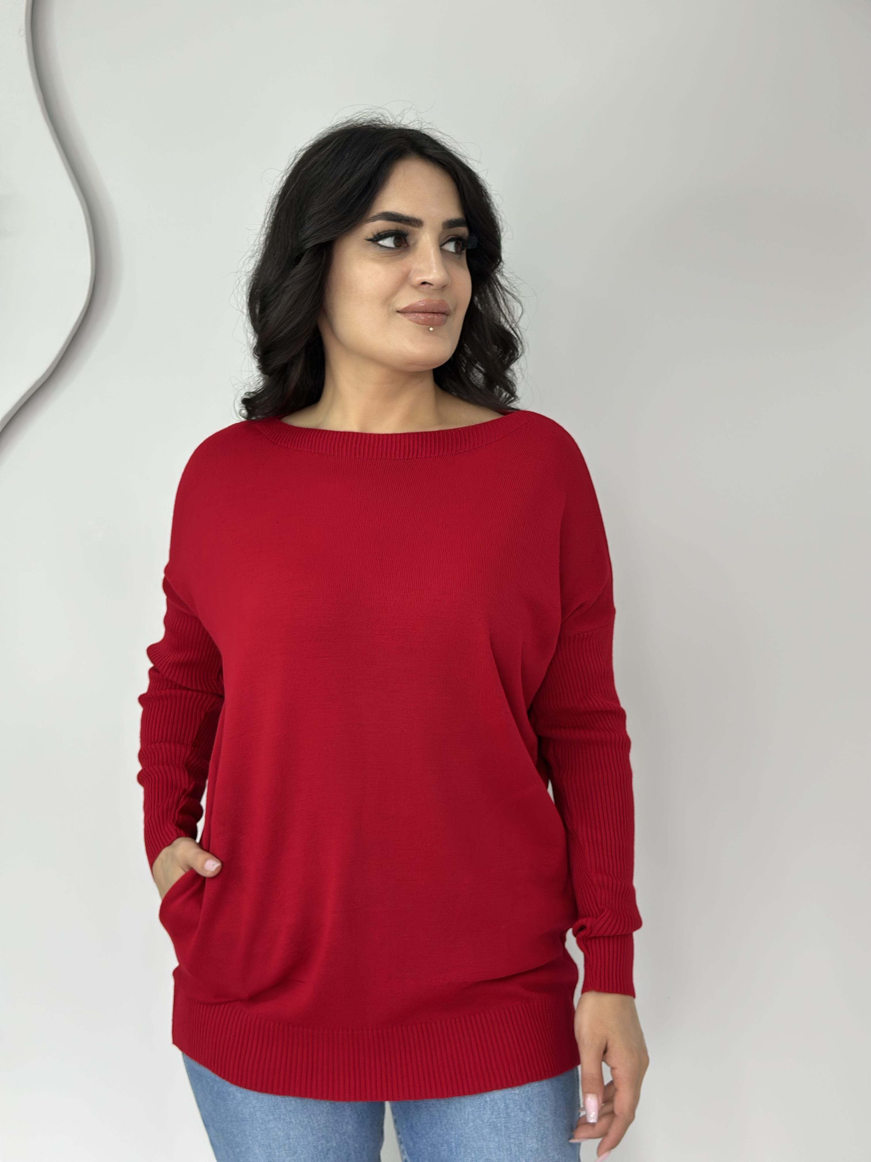 Selanik Kırmızı Cepli Triko Bluz A414