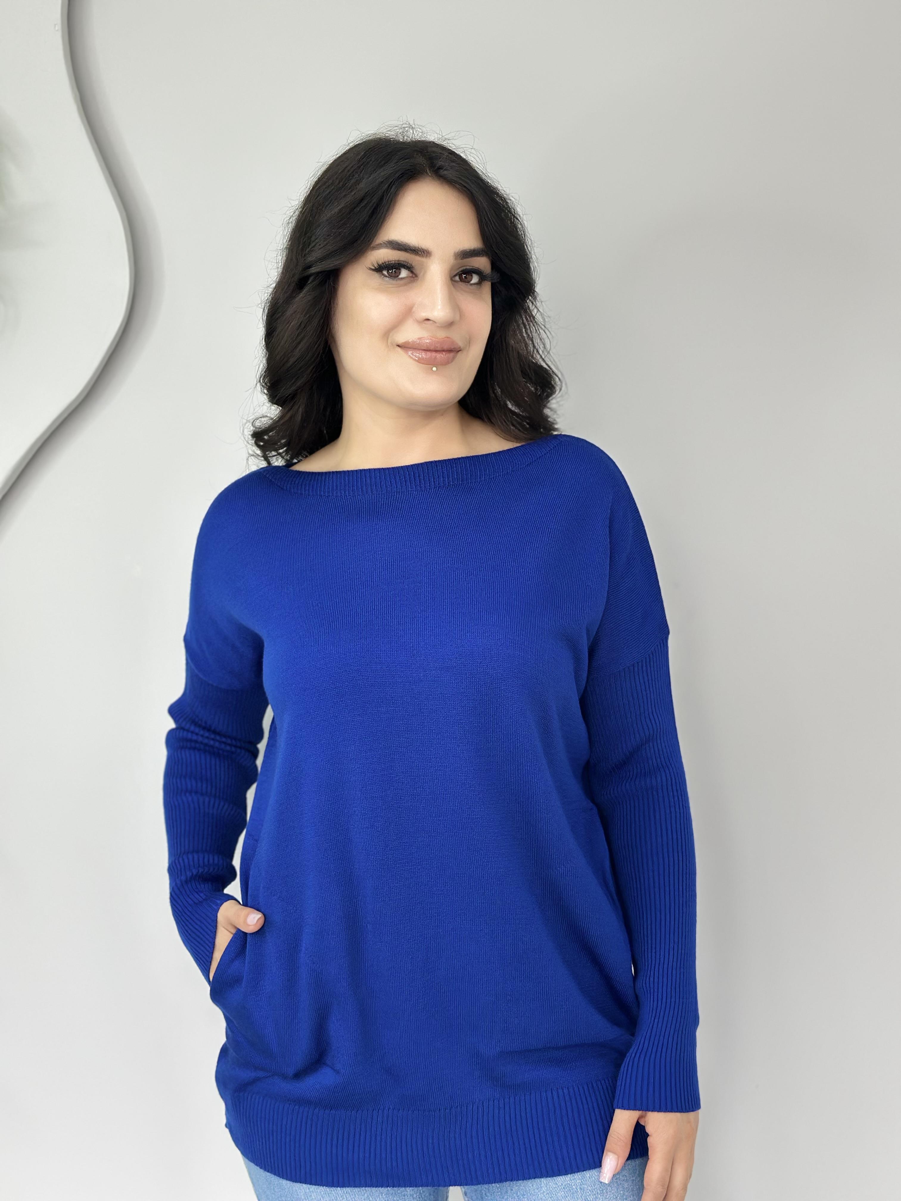 Selanik Saks Mavi Cepli Triko Bluz  A412