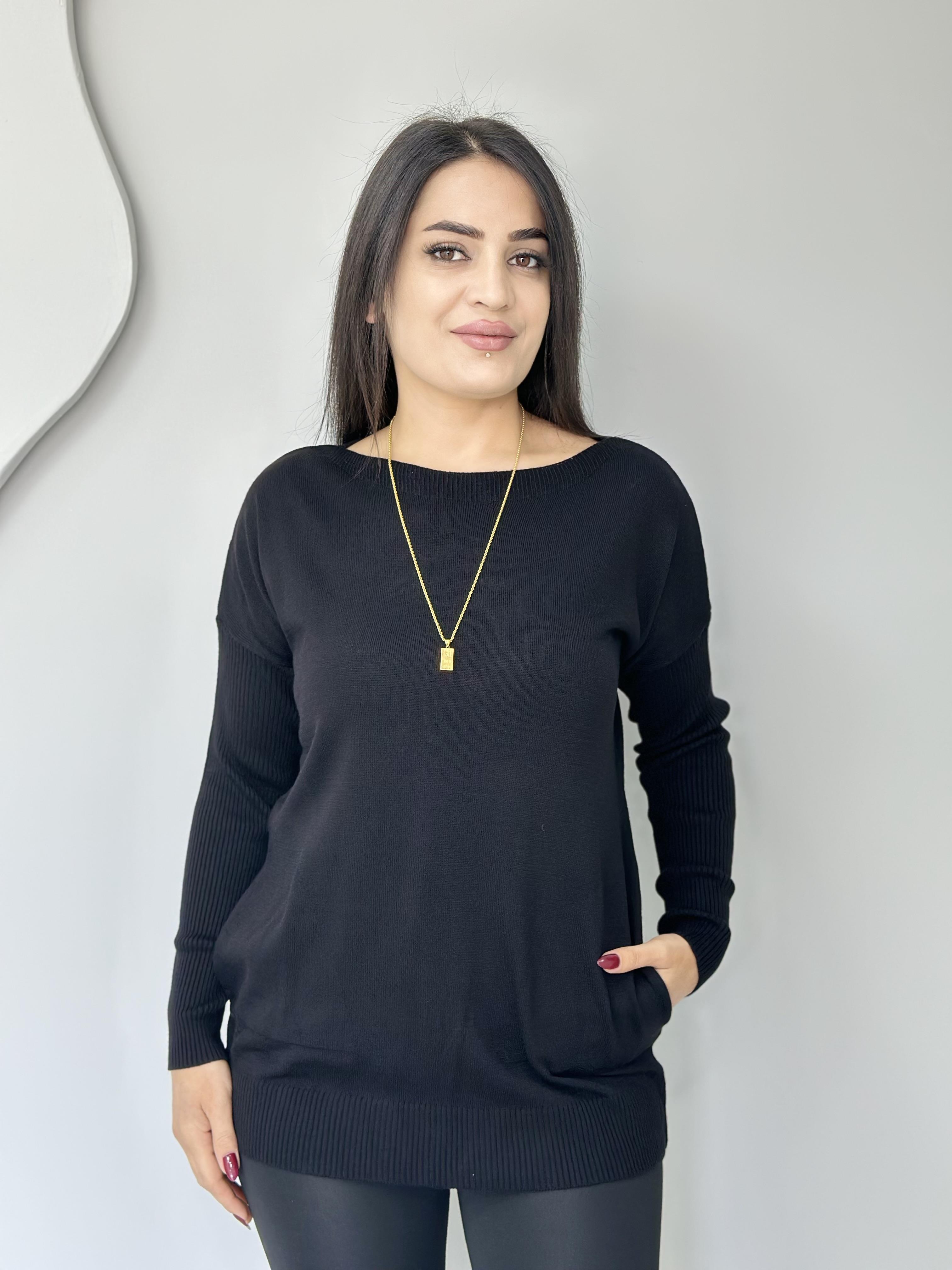 Selanik Siyah Mavi Cepli Triko Bluz A805