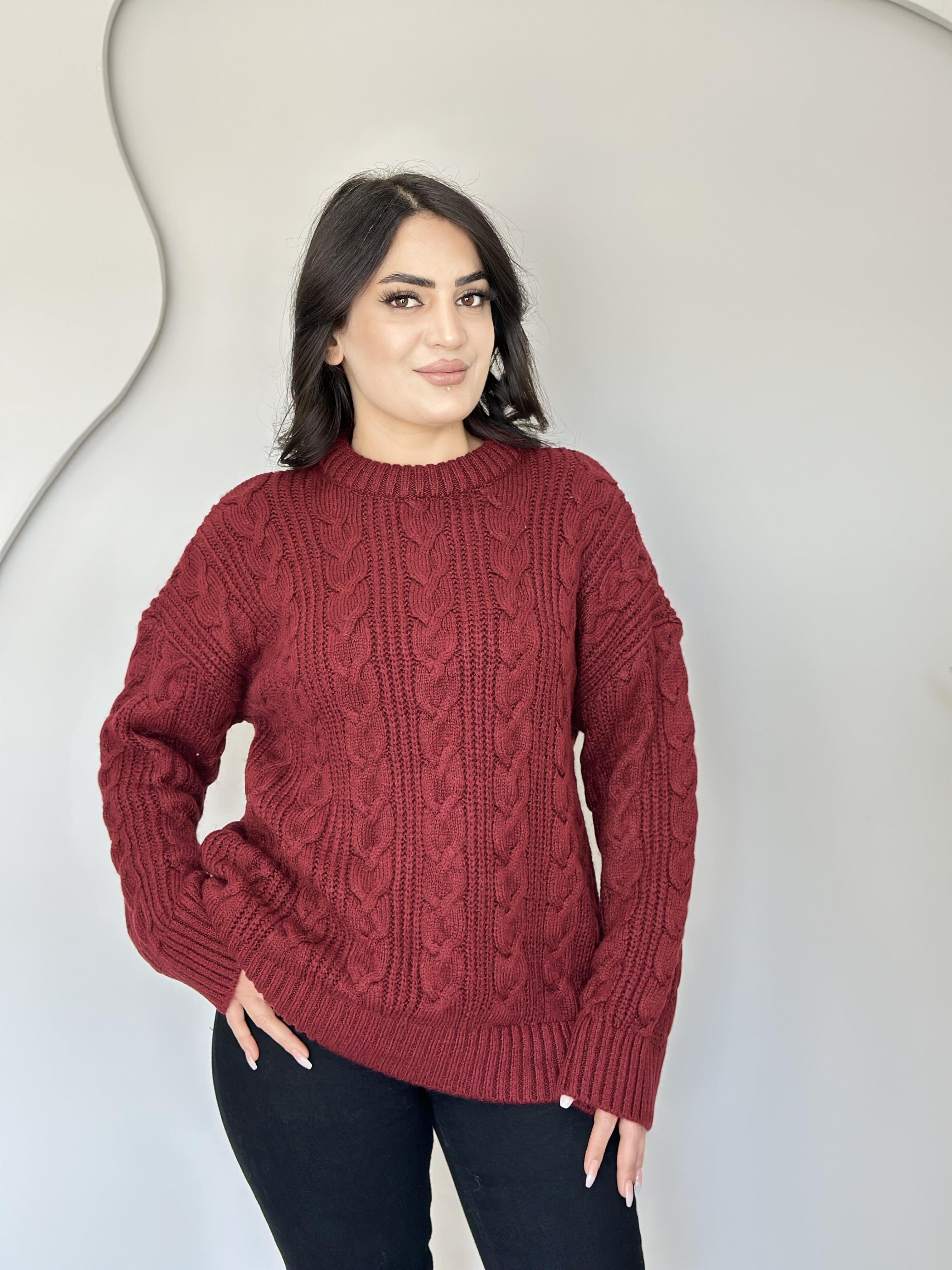 Sement Bordo Bisiklet Yaka Saç Örgü Detaylı Triko Kazak E6363