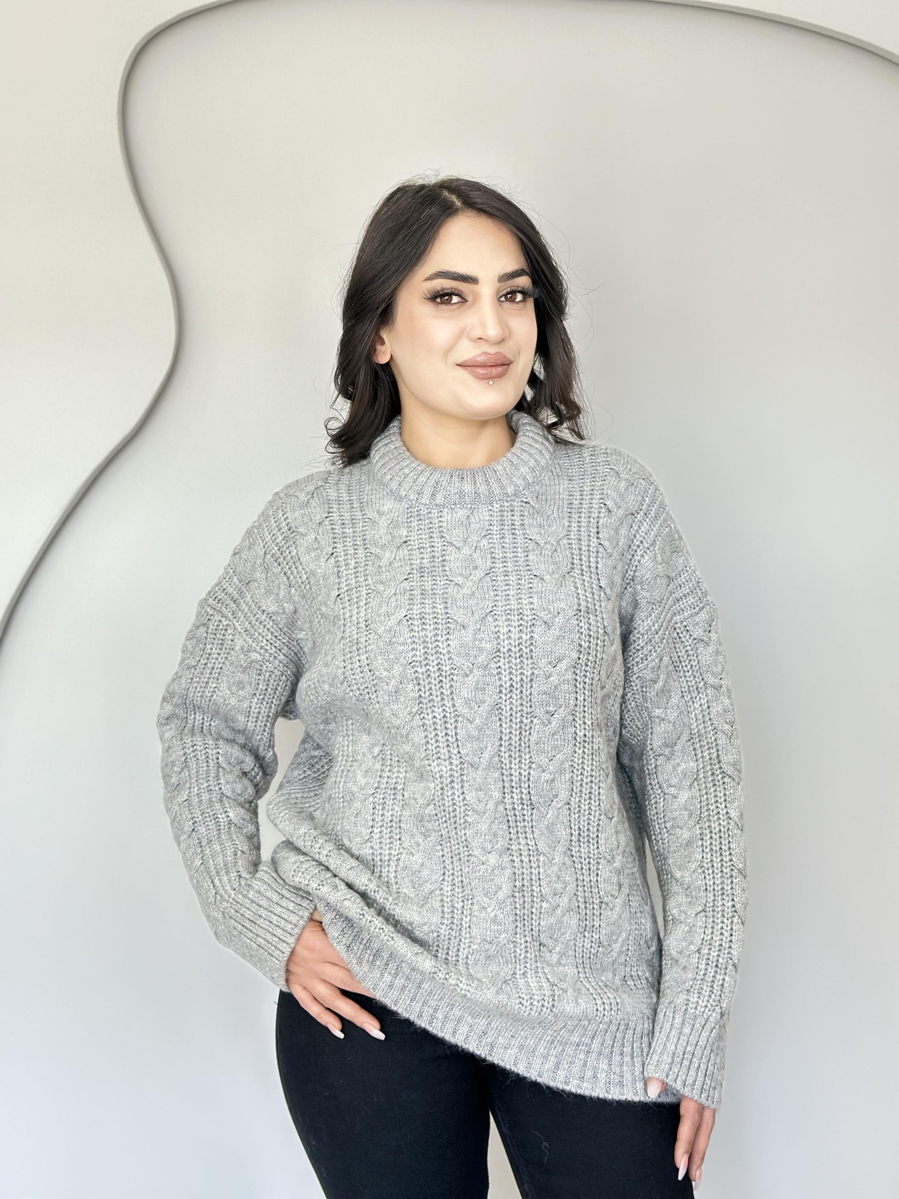 Sement Gri Bisiklet Yaka Saç Örgü Detaylı Triko Kazak E6363