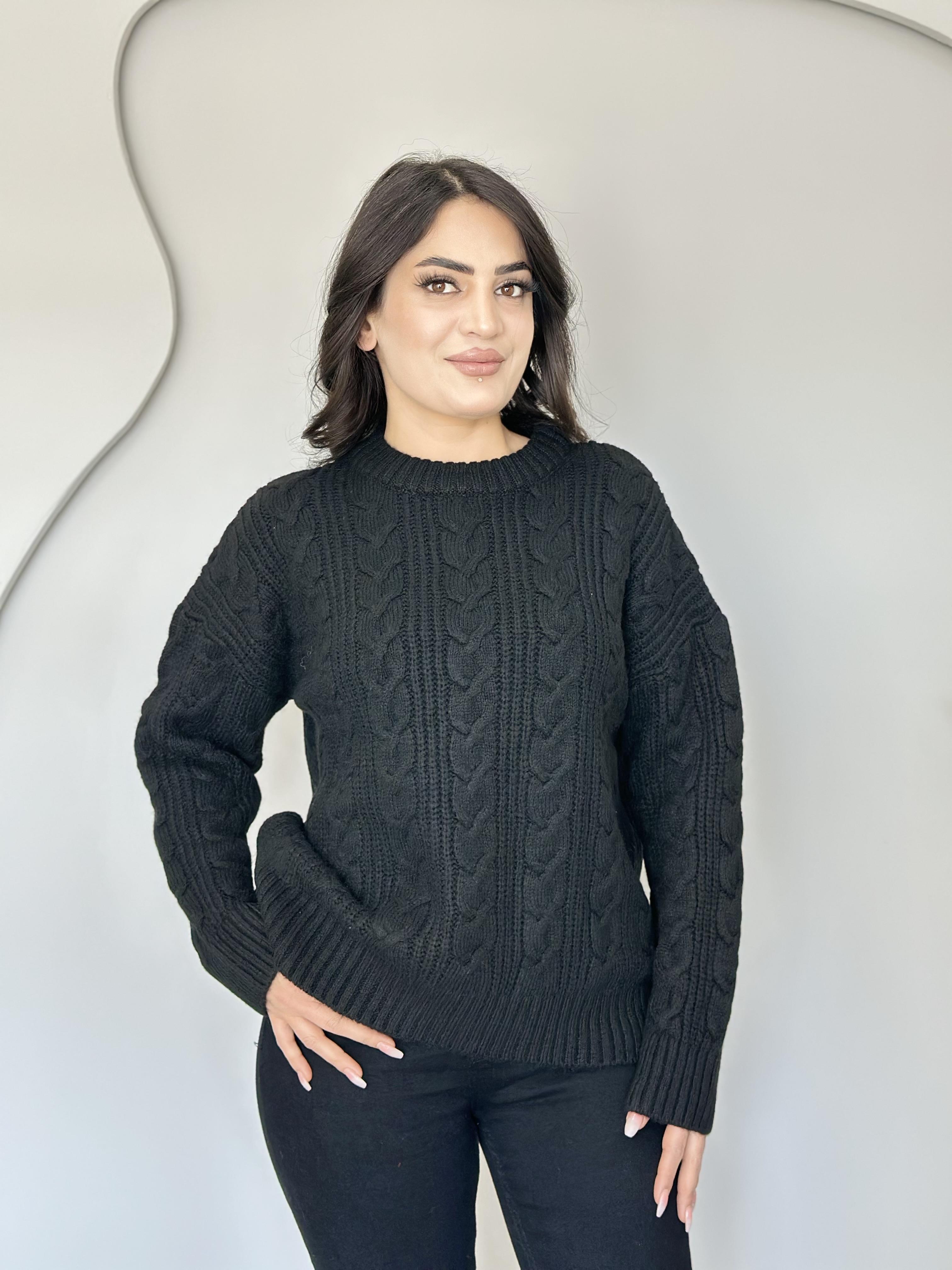 Sement Siyah Bisiklet Yaka Saç Örgü Detaylı Triko Kazak E6363