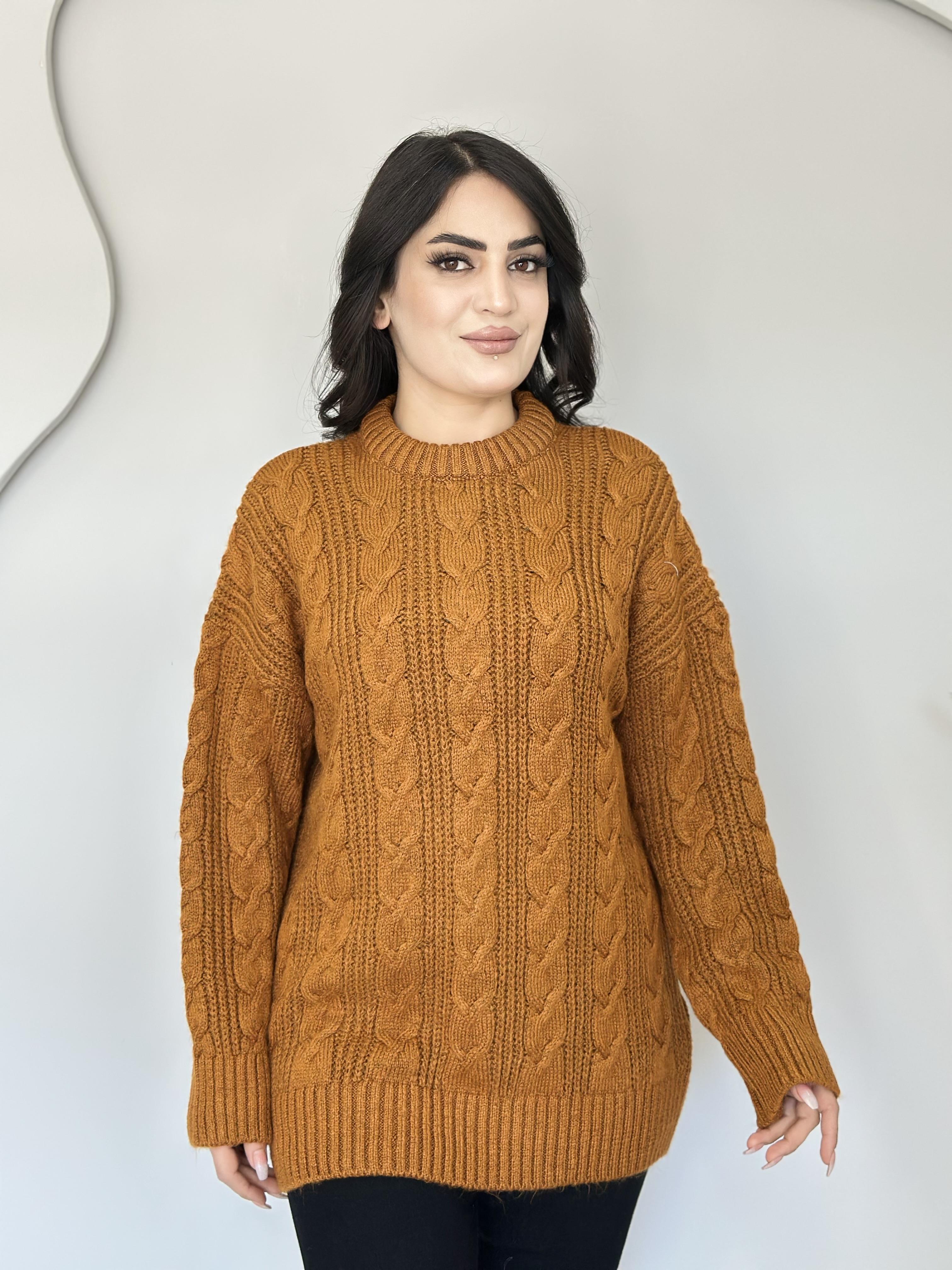 Sement Tarçın Bisiklet Yaka Saç Örgü Detaylı Triko Kazak E6363