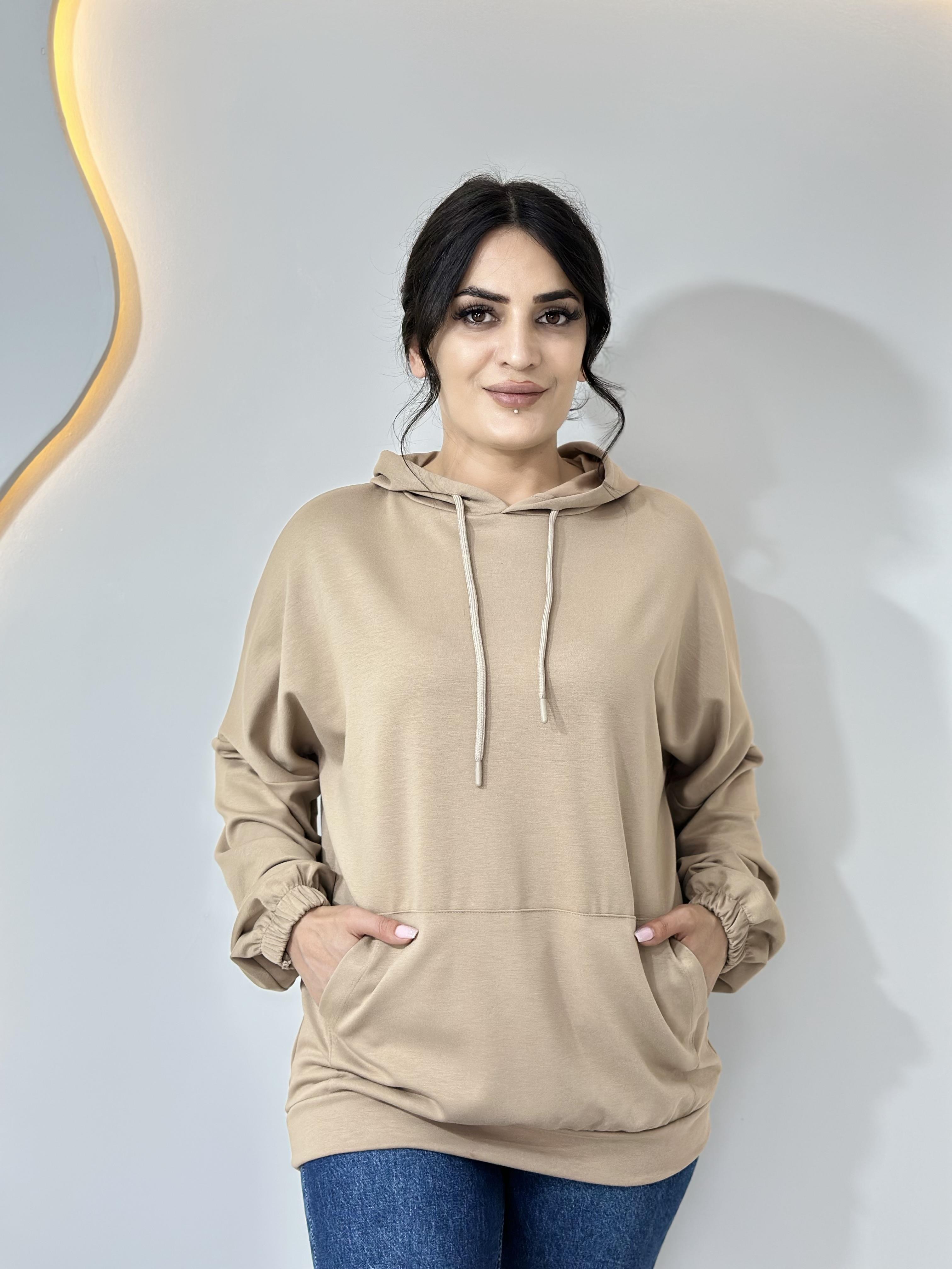Sena Camel Kapüşonlu Kargo Cepli Oversize Sweatshirt A006