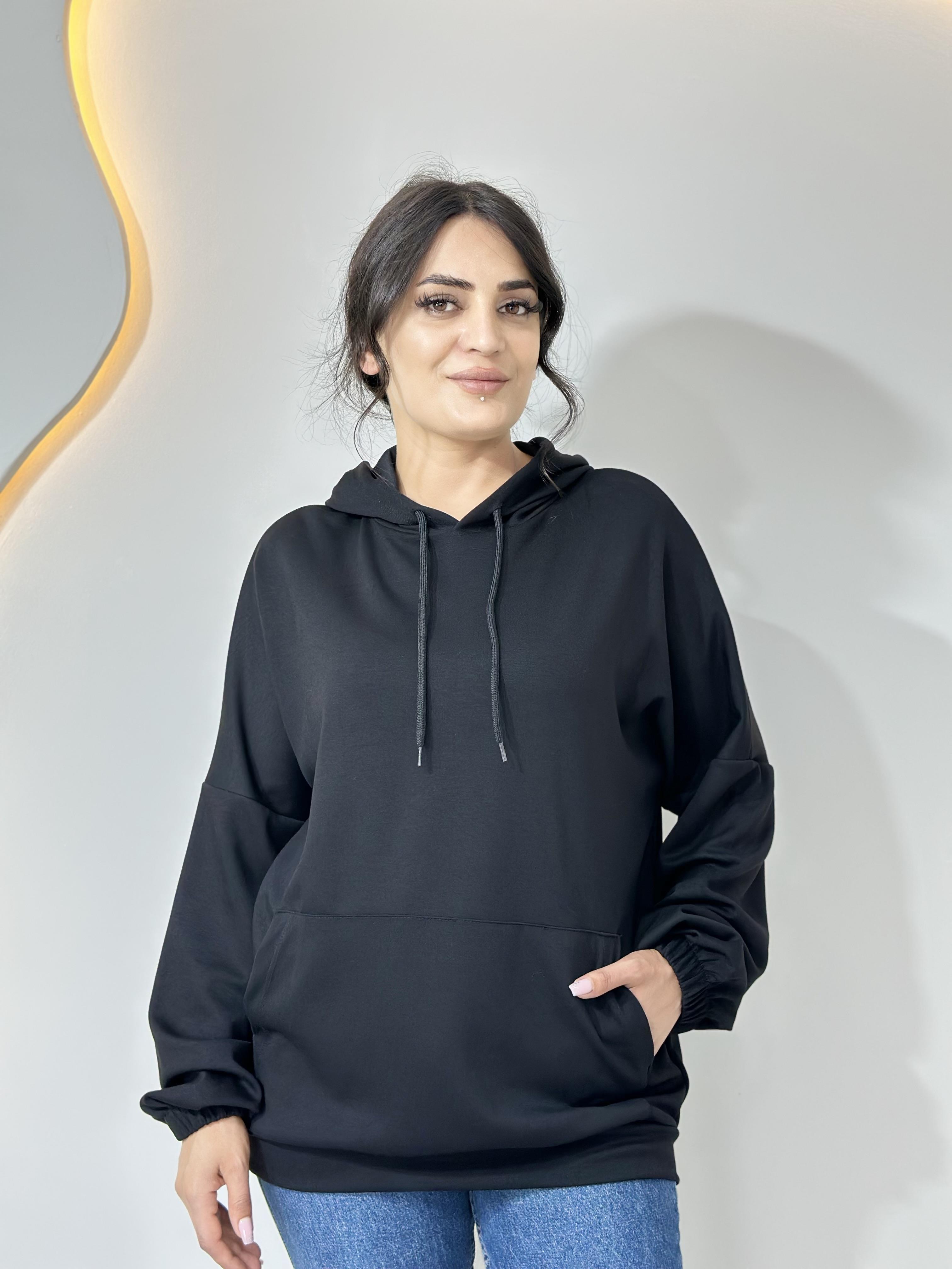 Sena Siyah Kapüşonlu Kargo Cepli Oversize Sweatshirt A005