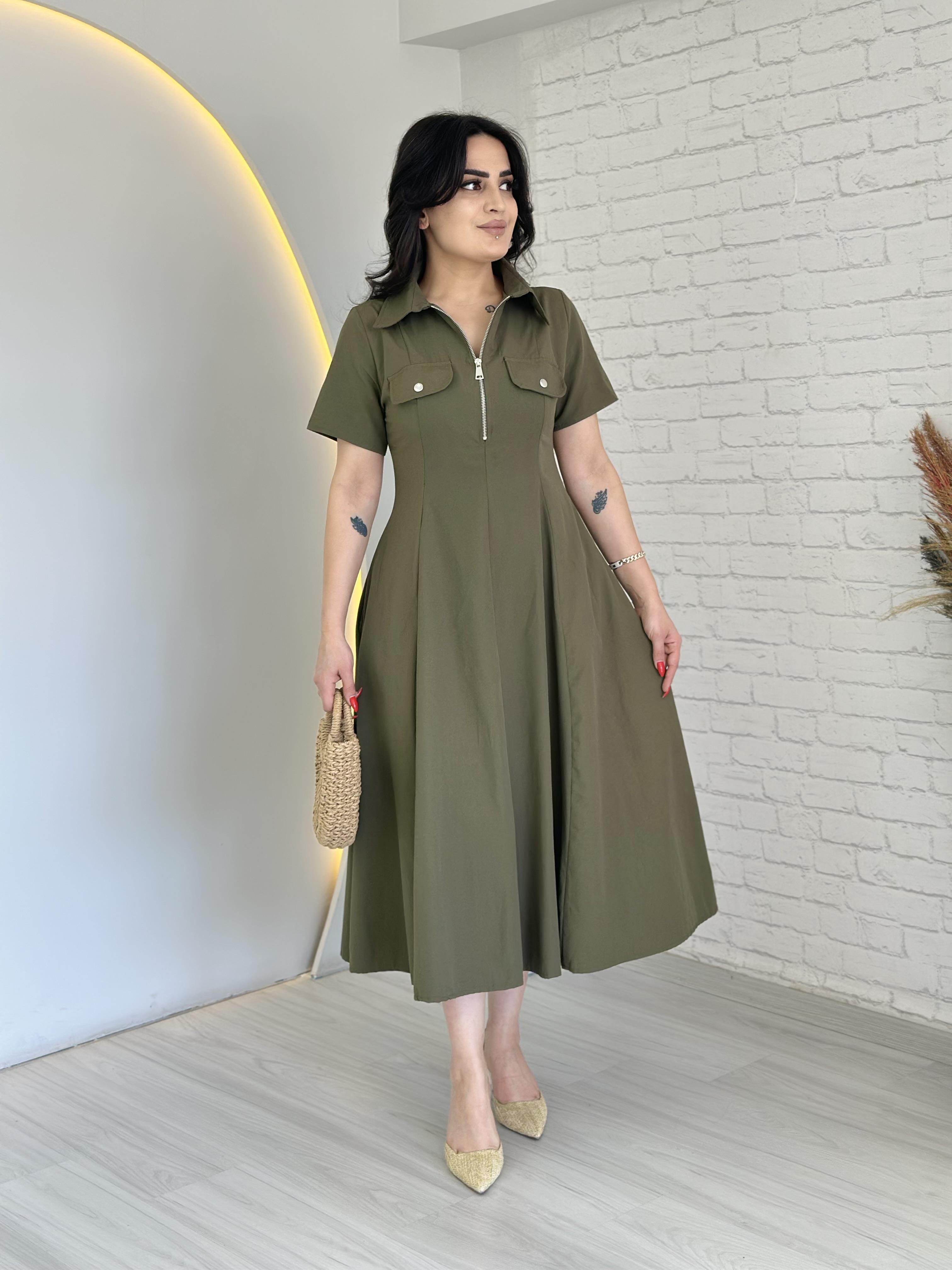 Shell Haki Önden Fermuarlı Cepli Midi Boy Elbise D015