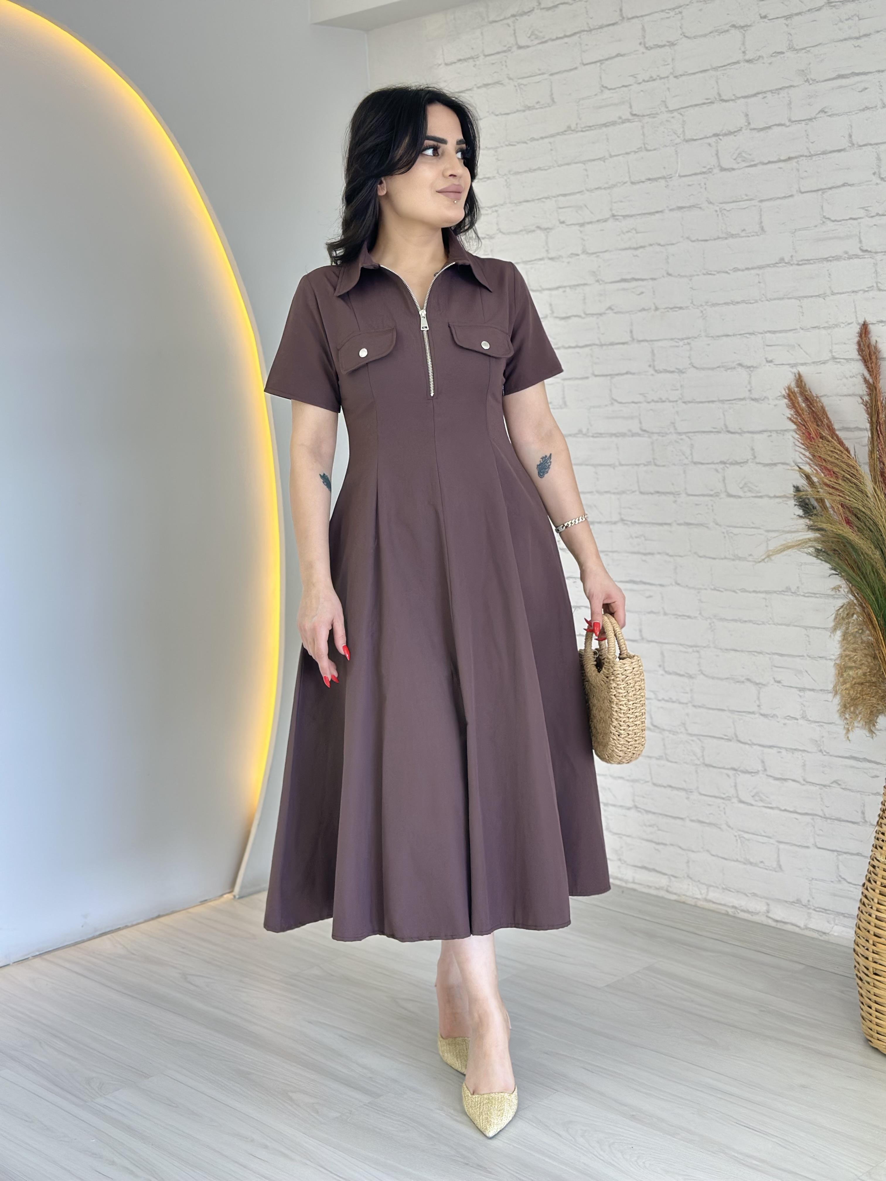 Shell Kahve Önden Fermuarlı Cepli Midi Boy Elbise D015