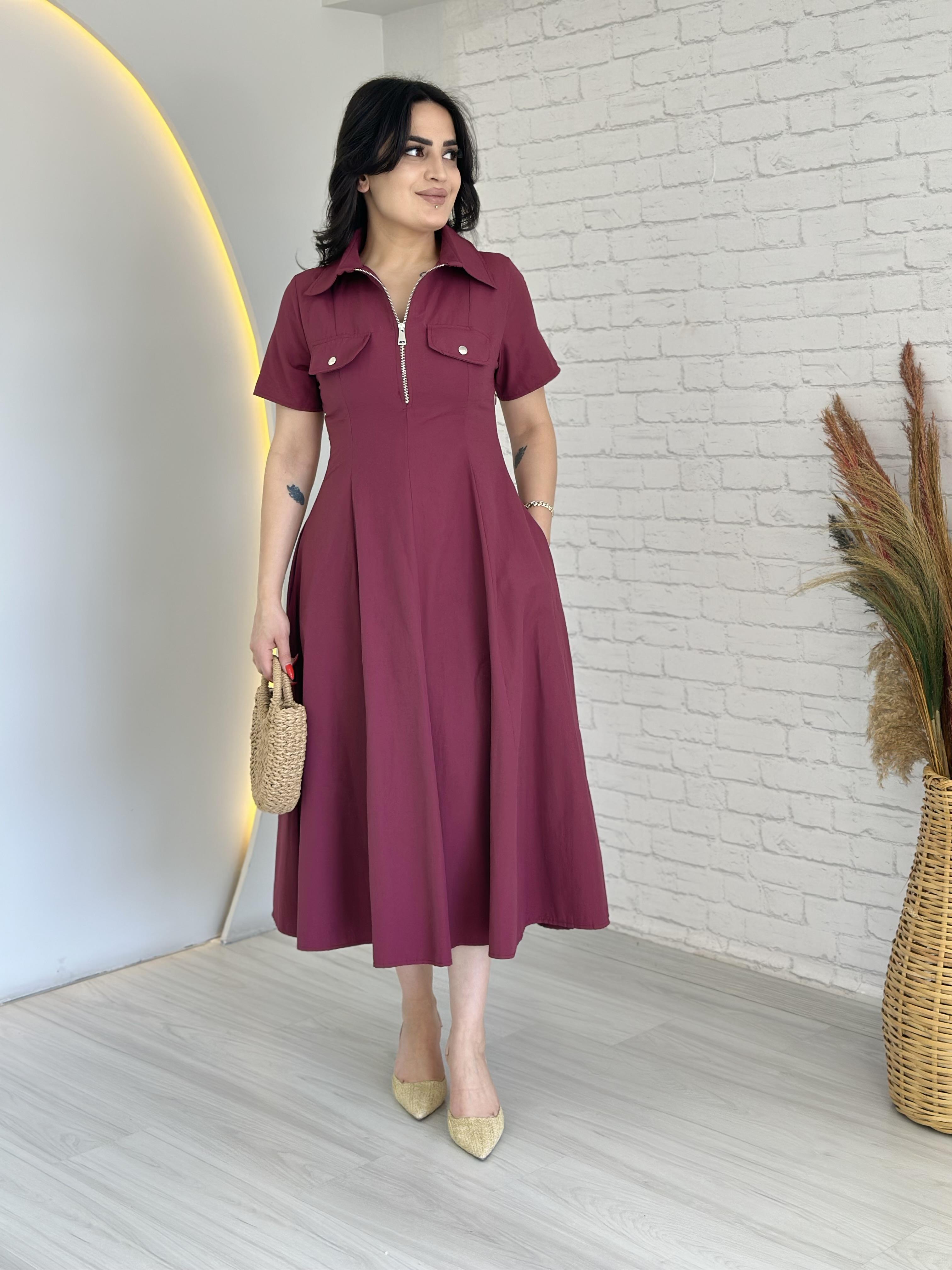 Shell Mürdüm Önden Fermuarlı Cepli Midi Boy Elbise D015