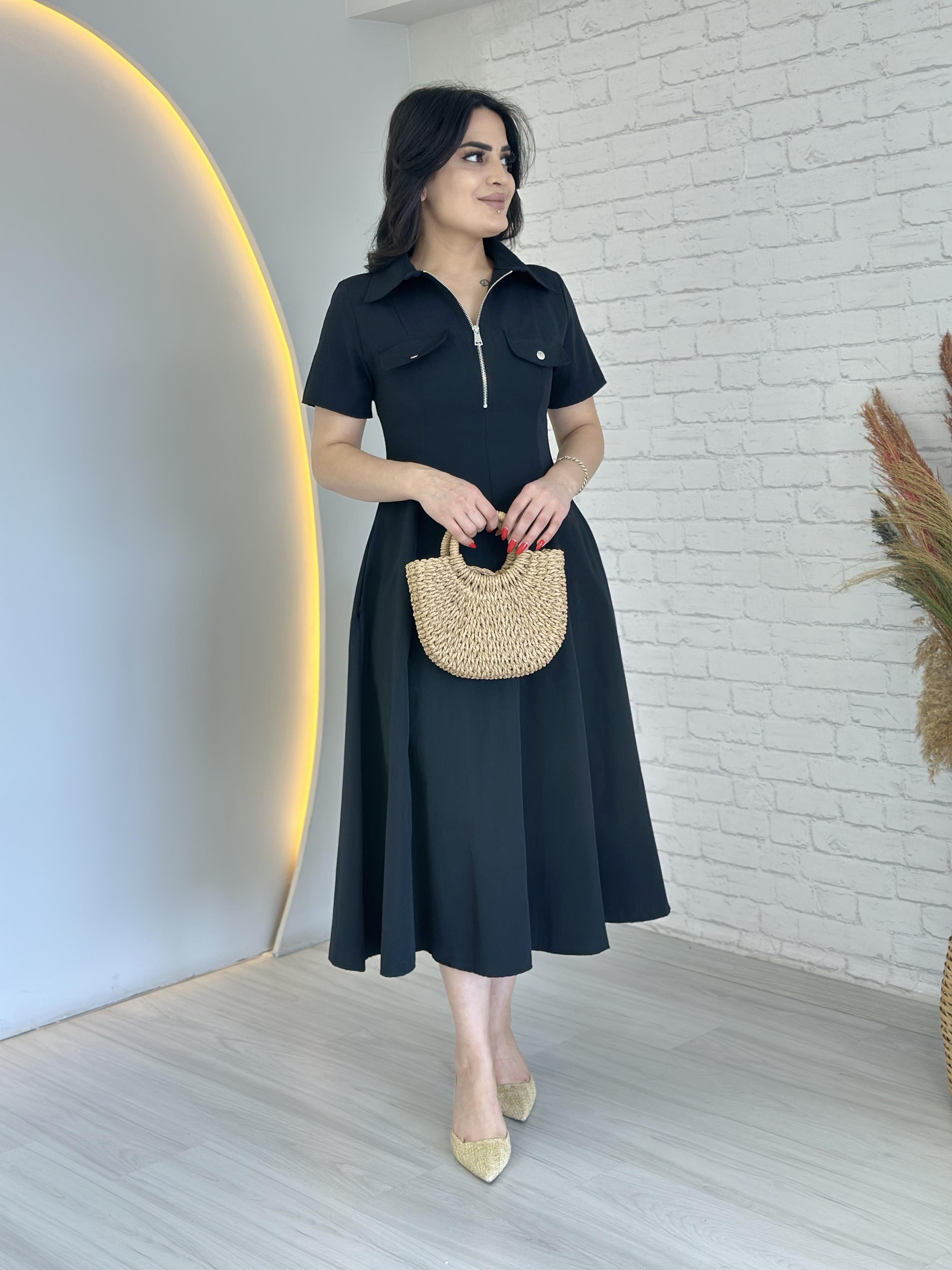 Shell Siyah Önden Fermuarlı Cepli Midi Boy Elbise D015