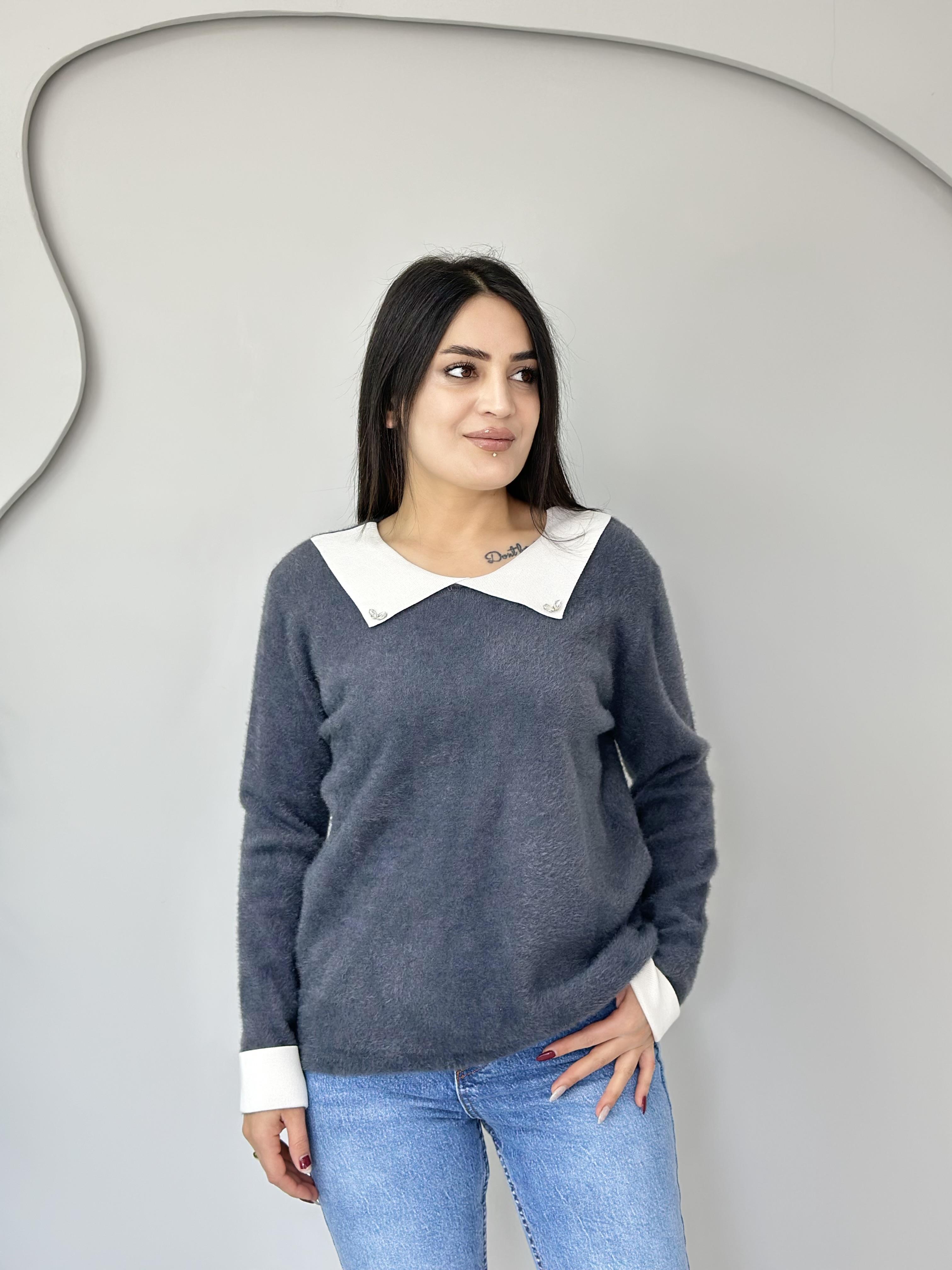 Siena Gri Beyaz Yakalı Angora Manşet Triko Kazak A375