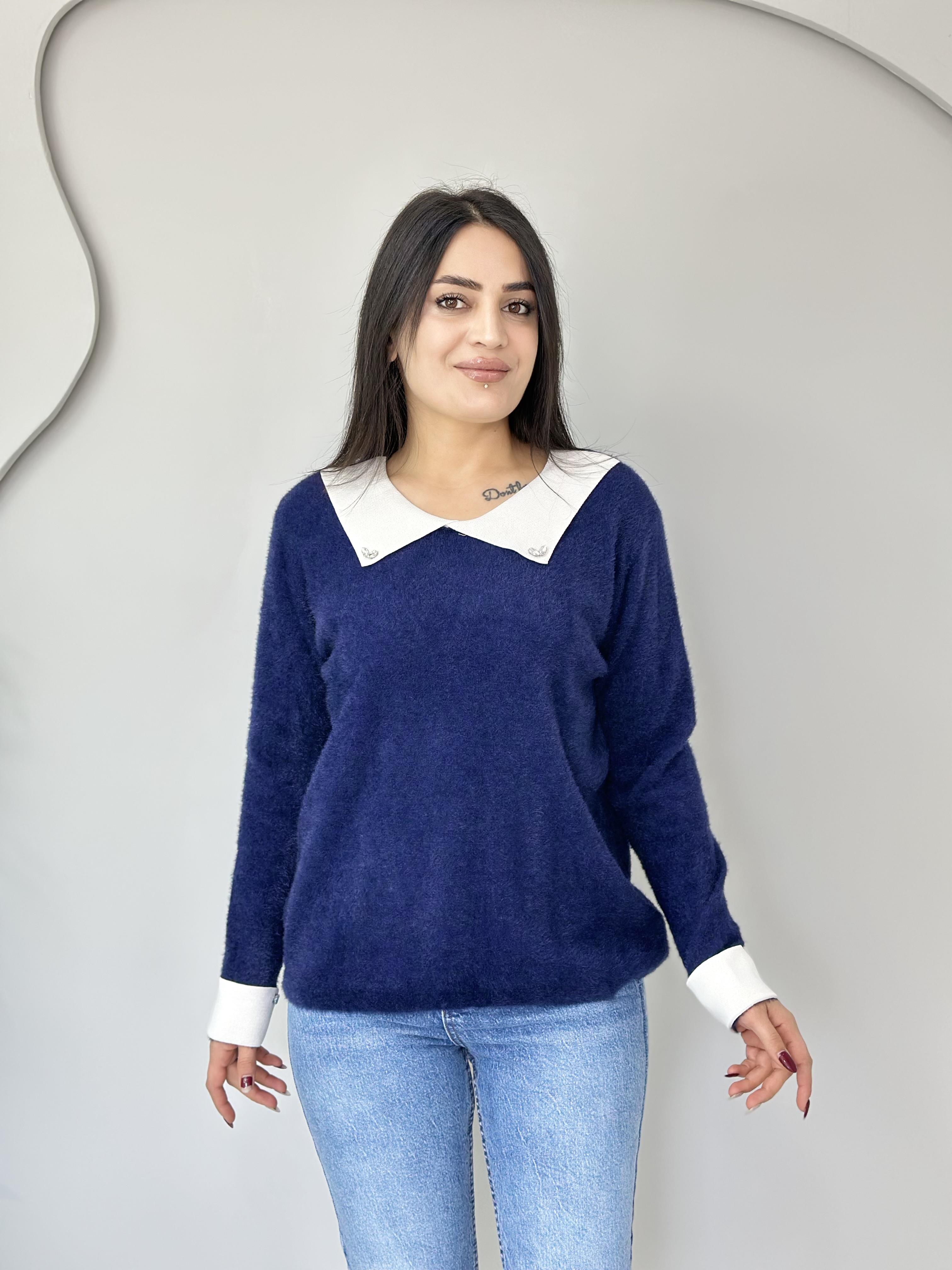Siena Lacivert Beyaz Yakalı Angora Manşet Triko Kazak A376