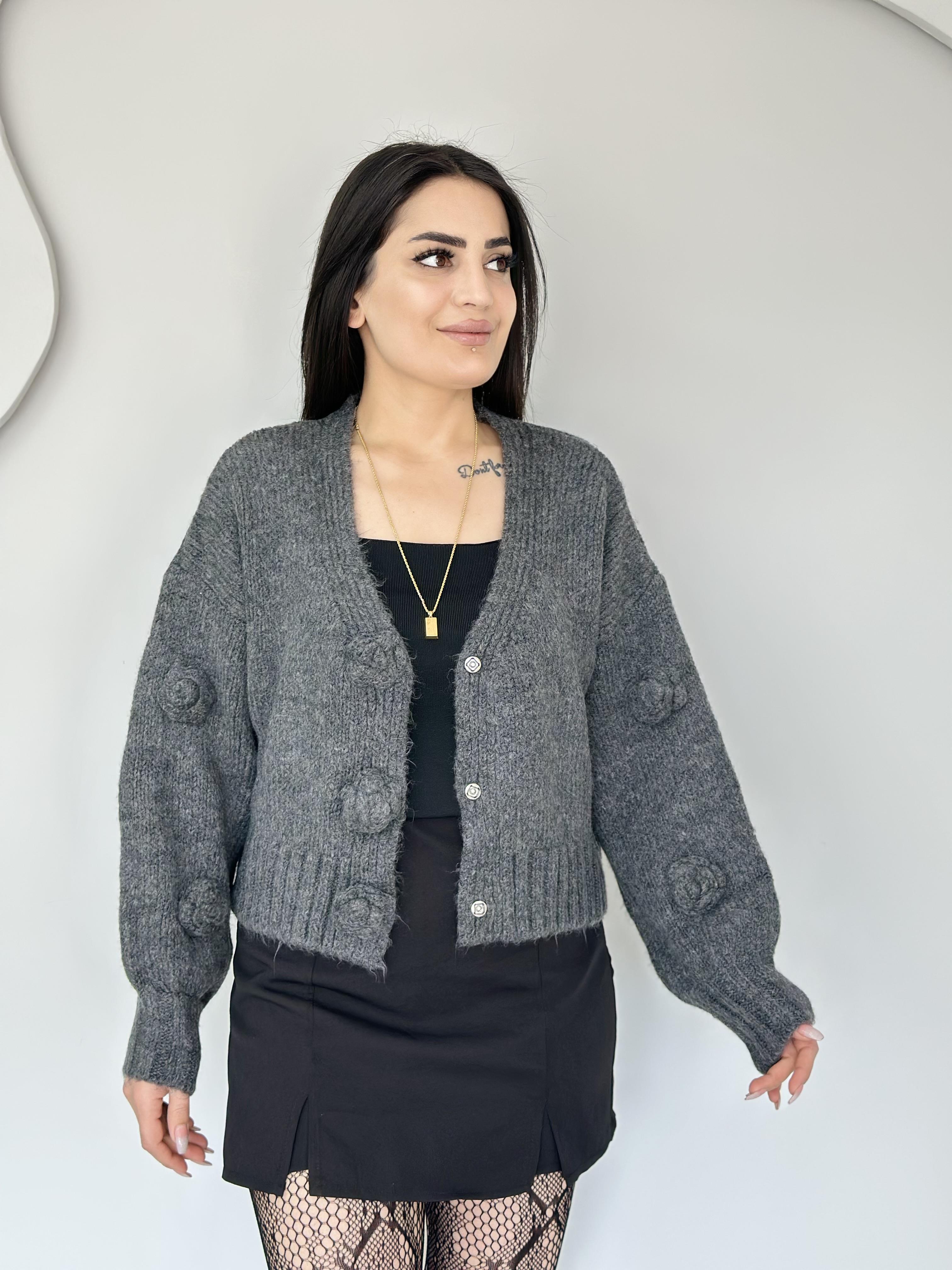 Silva Füme Balon Kol Çıtçıtlı Gül Nakışlı Hırka C6666