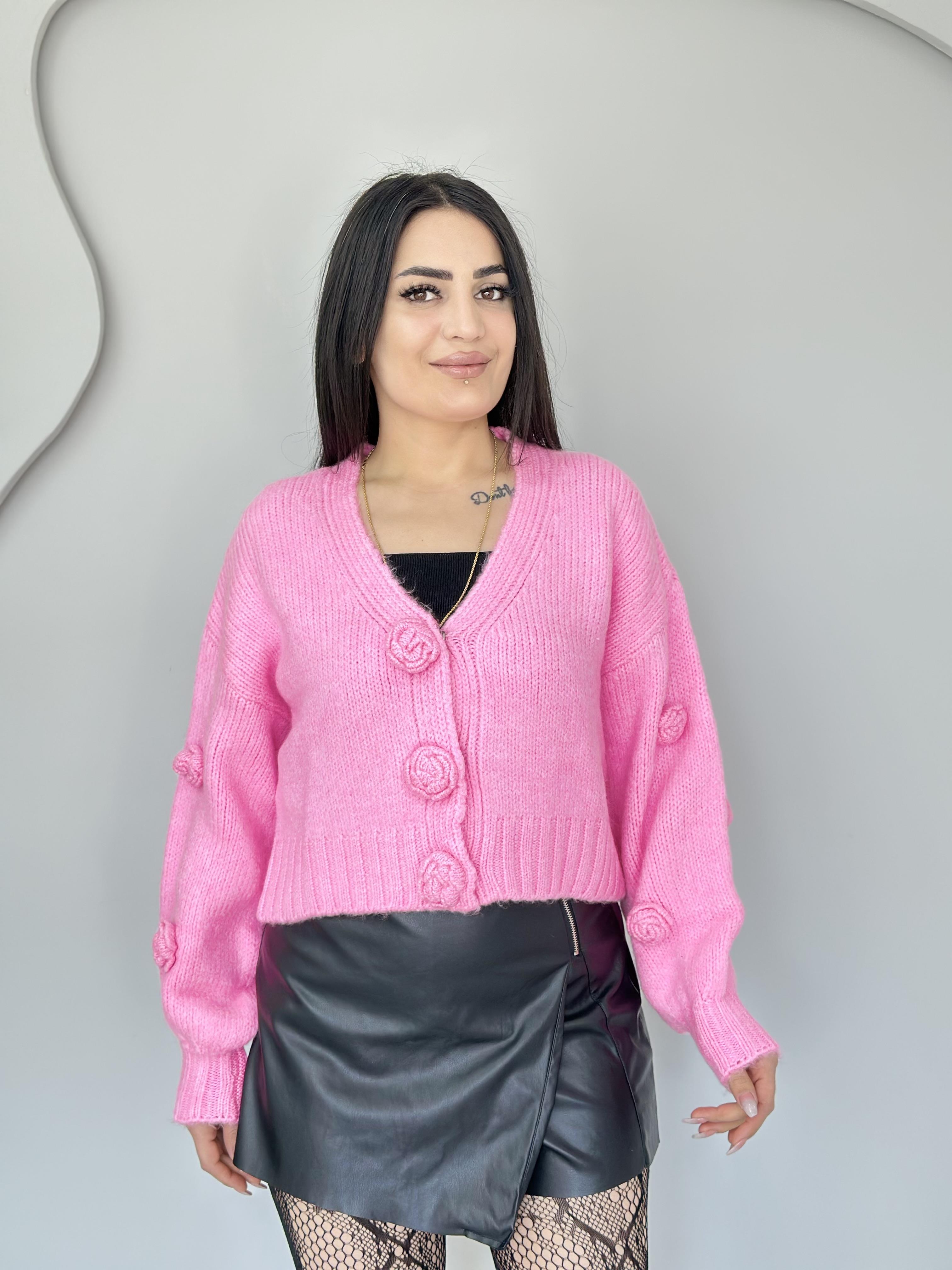 Silva Şeker Pembe Balon Kol Çıtçıtlı Gül Nakışlı Hırka C6666