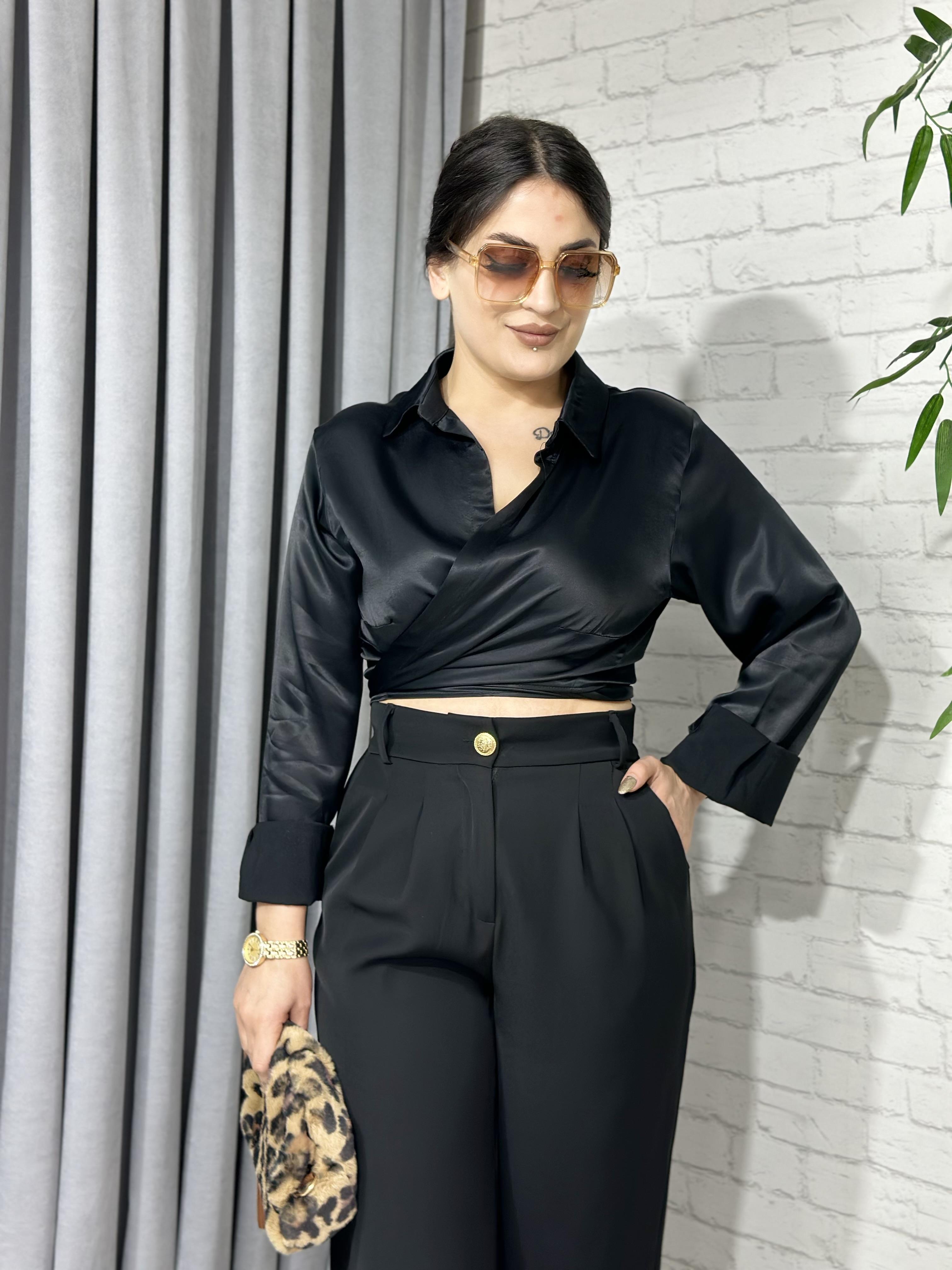 Siyah ağlamalı Crop Pamuk Saten Gömlek  A587