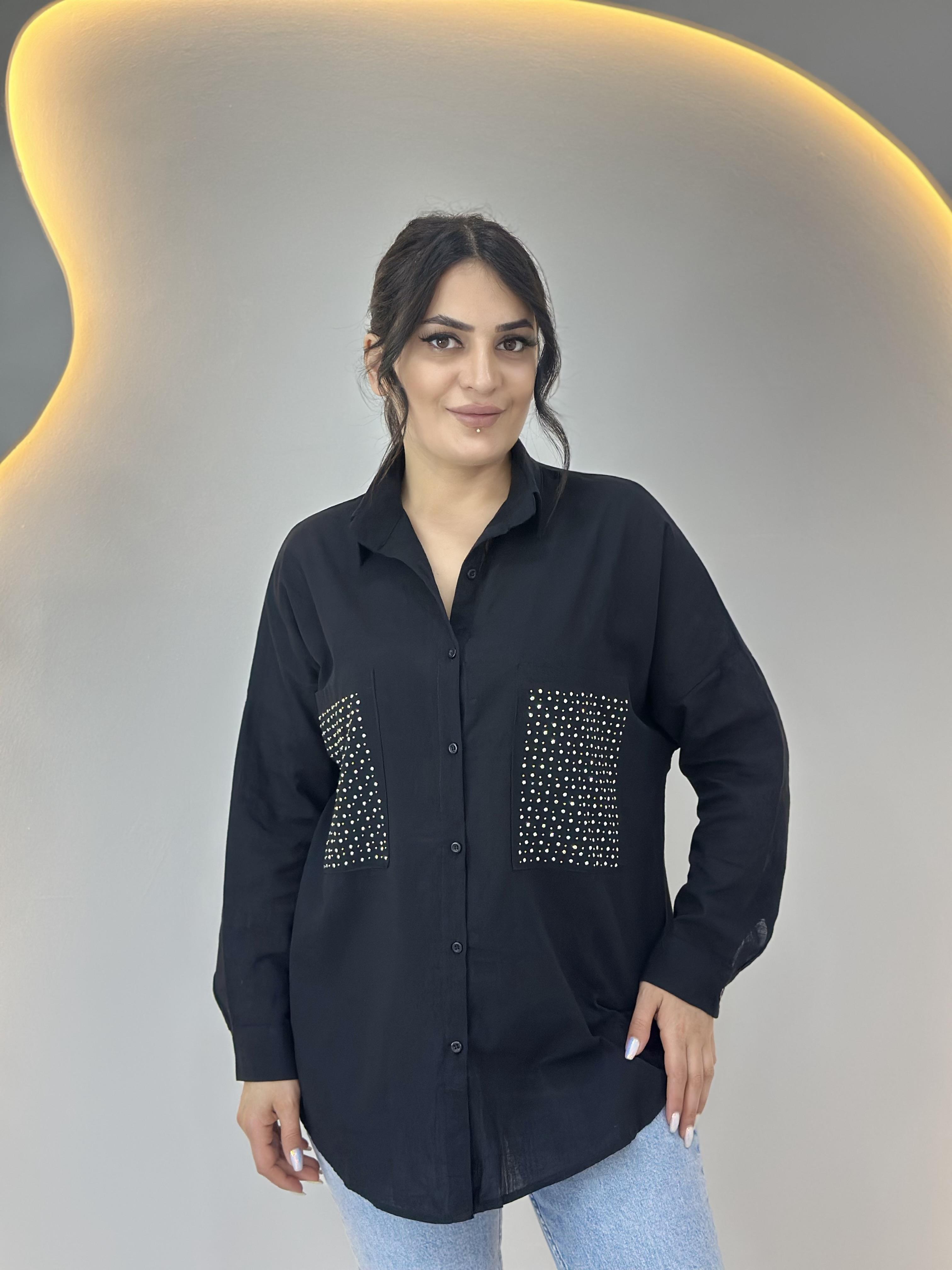 Siyah Cep Taş Baskılı Gömlek A025