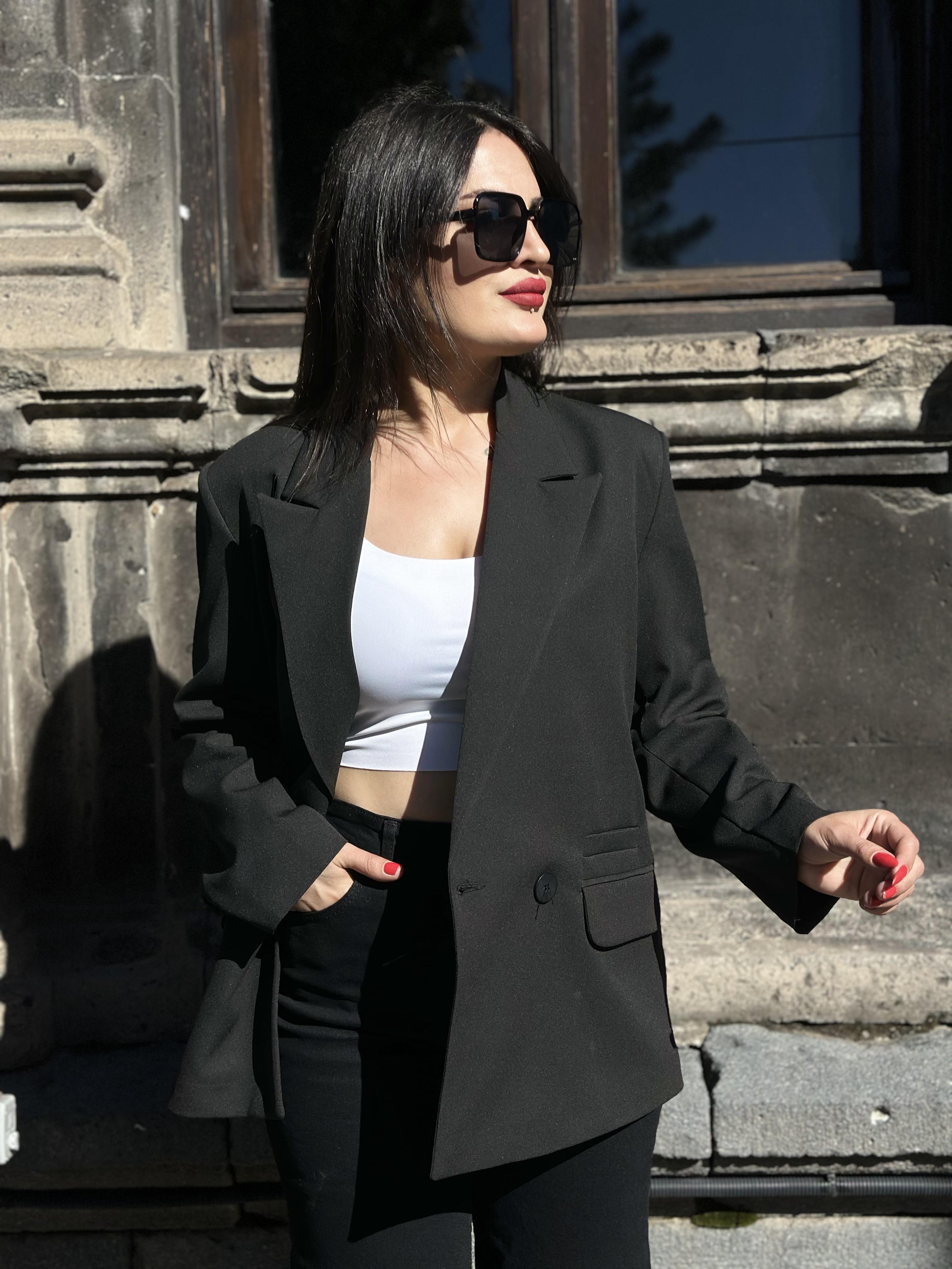 Siyah Çift Cep Çapraz Tek Düğme Astarlı Blazer Ceket 