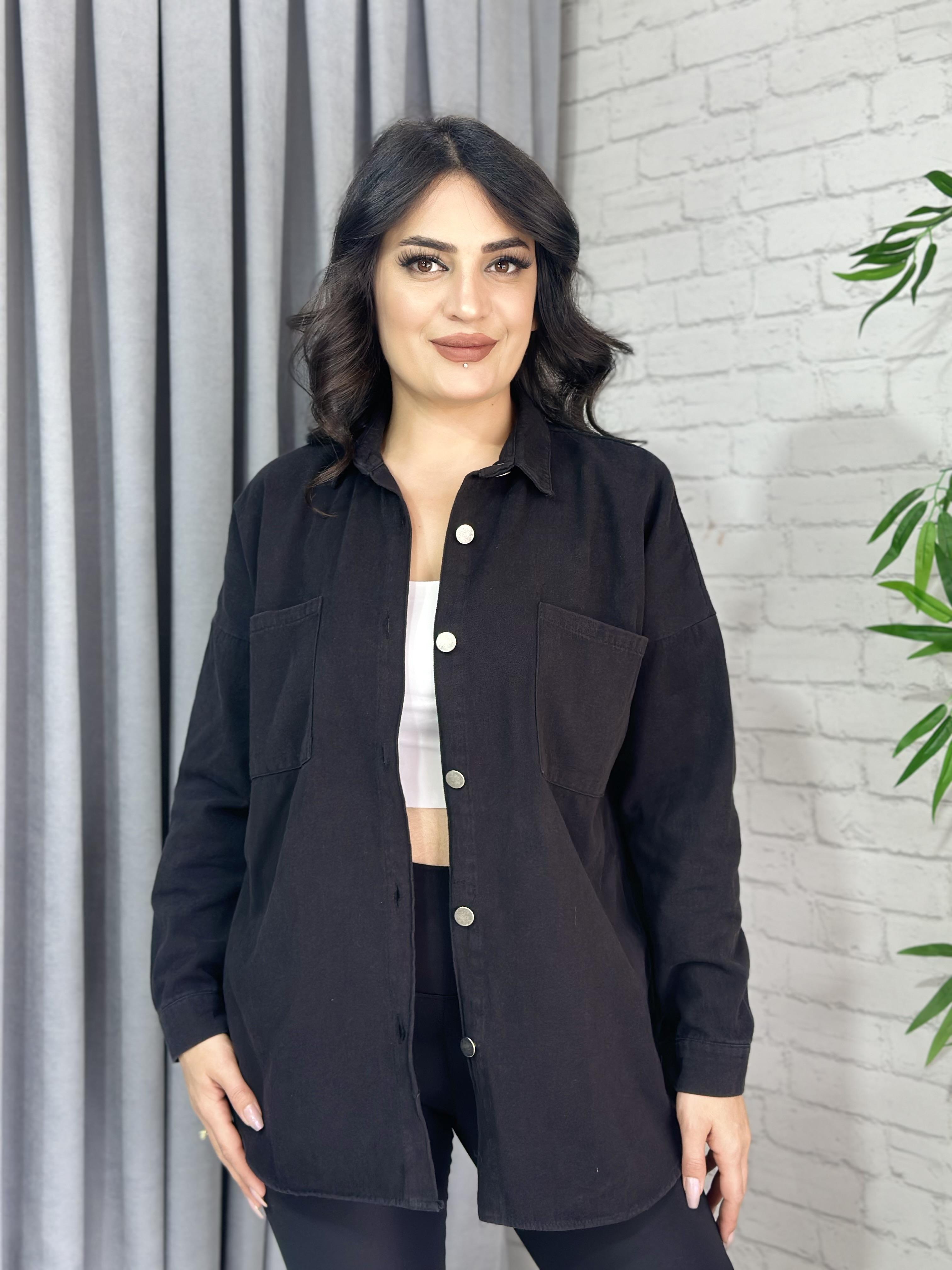 Siyah Çift Cepli Pamuklu Gabardin Gömlek
