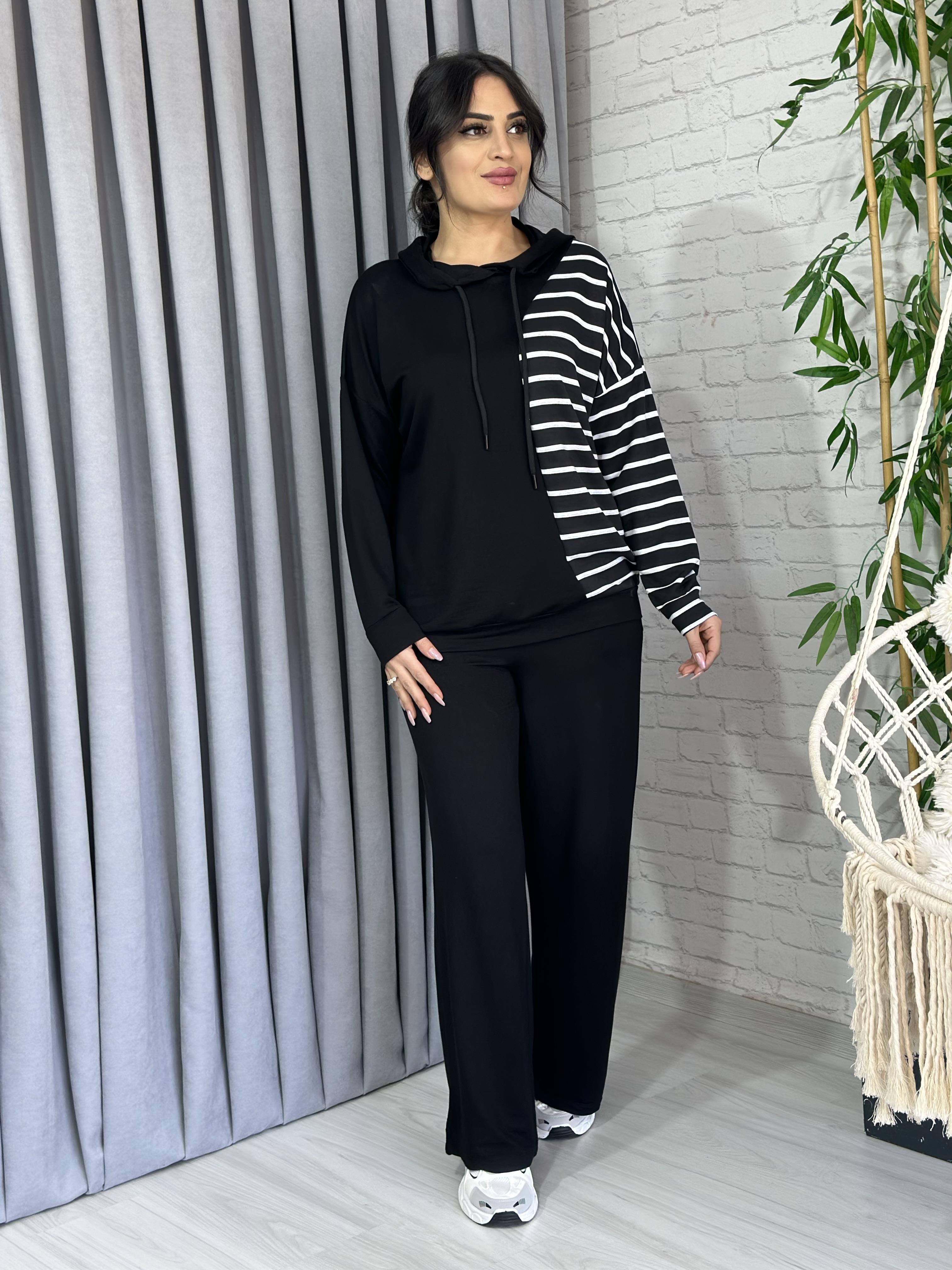 Siyah Çizgili Kapüşonlu Viskon Kumaş 2'Li Takım 