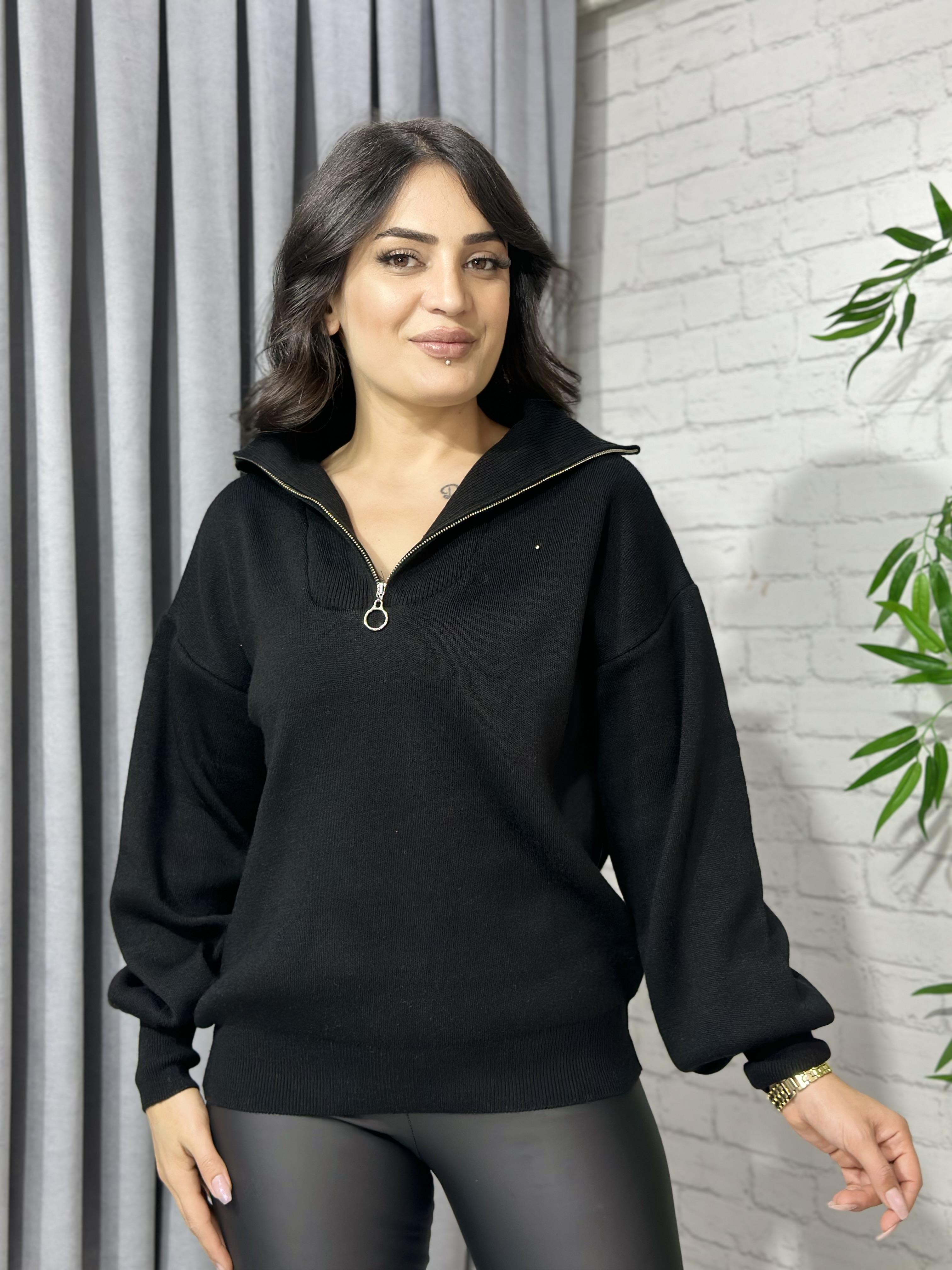Siyah Fermuarlı Triko Kazak