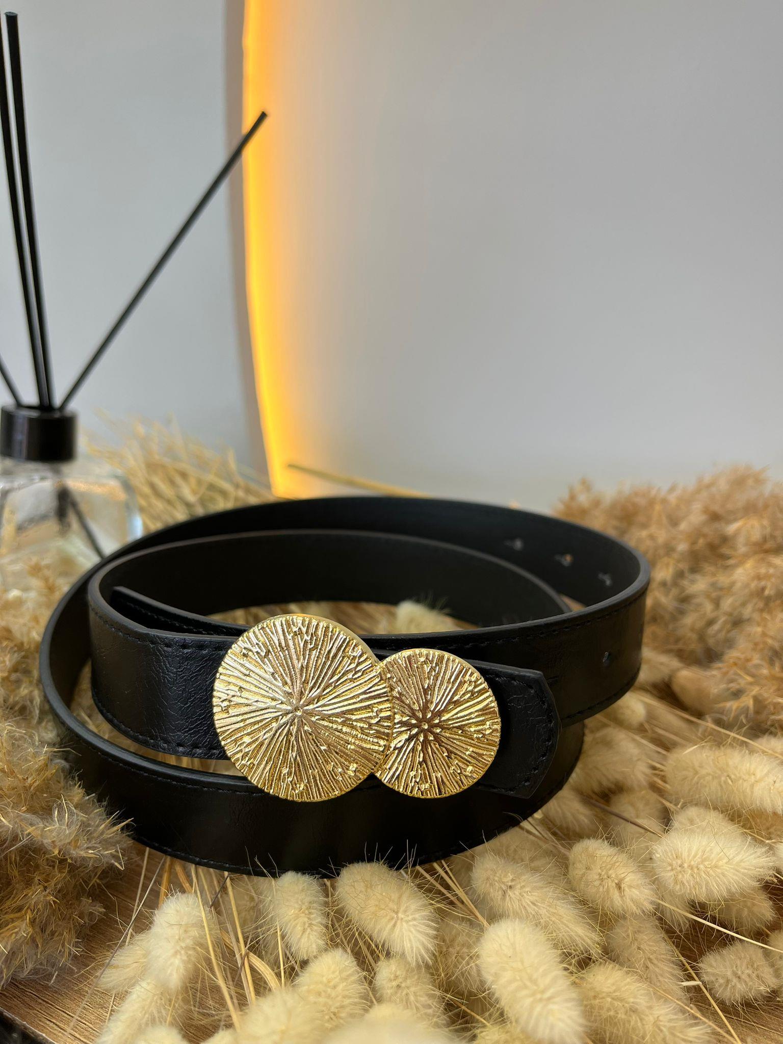 Siyah Gold Tokalı Çift Büyük Oval Detaylı Kemer A09745