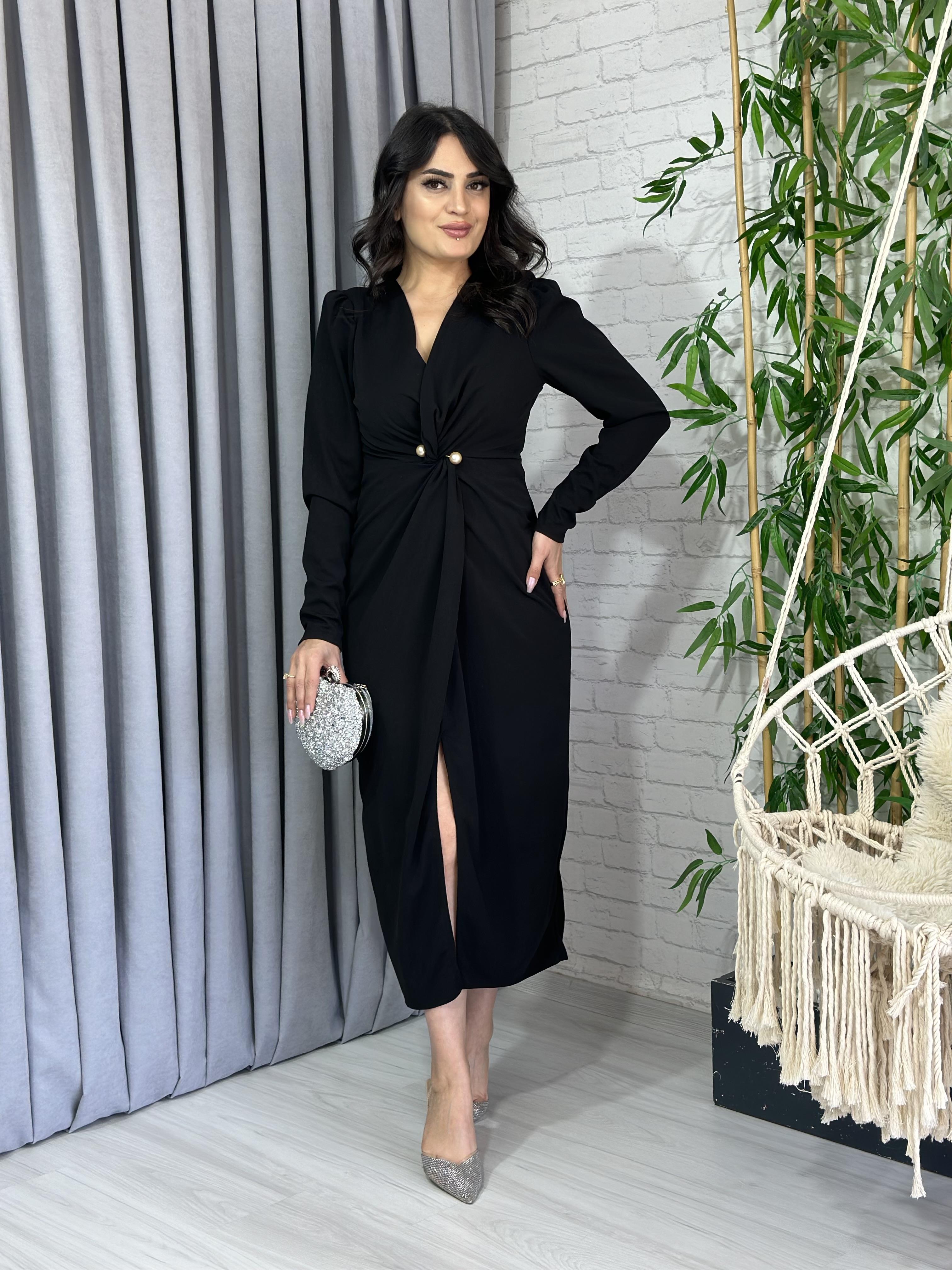 Siyah İnci Taş Krep Kumaş Önü Düğüm Modeli Yırtmaçlı Elbise