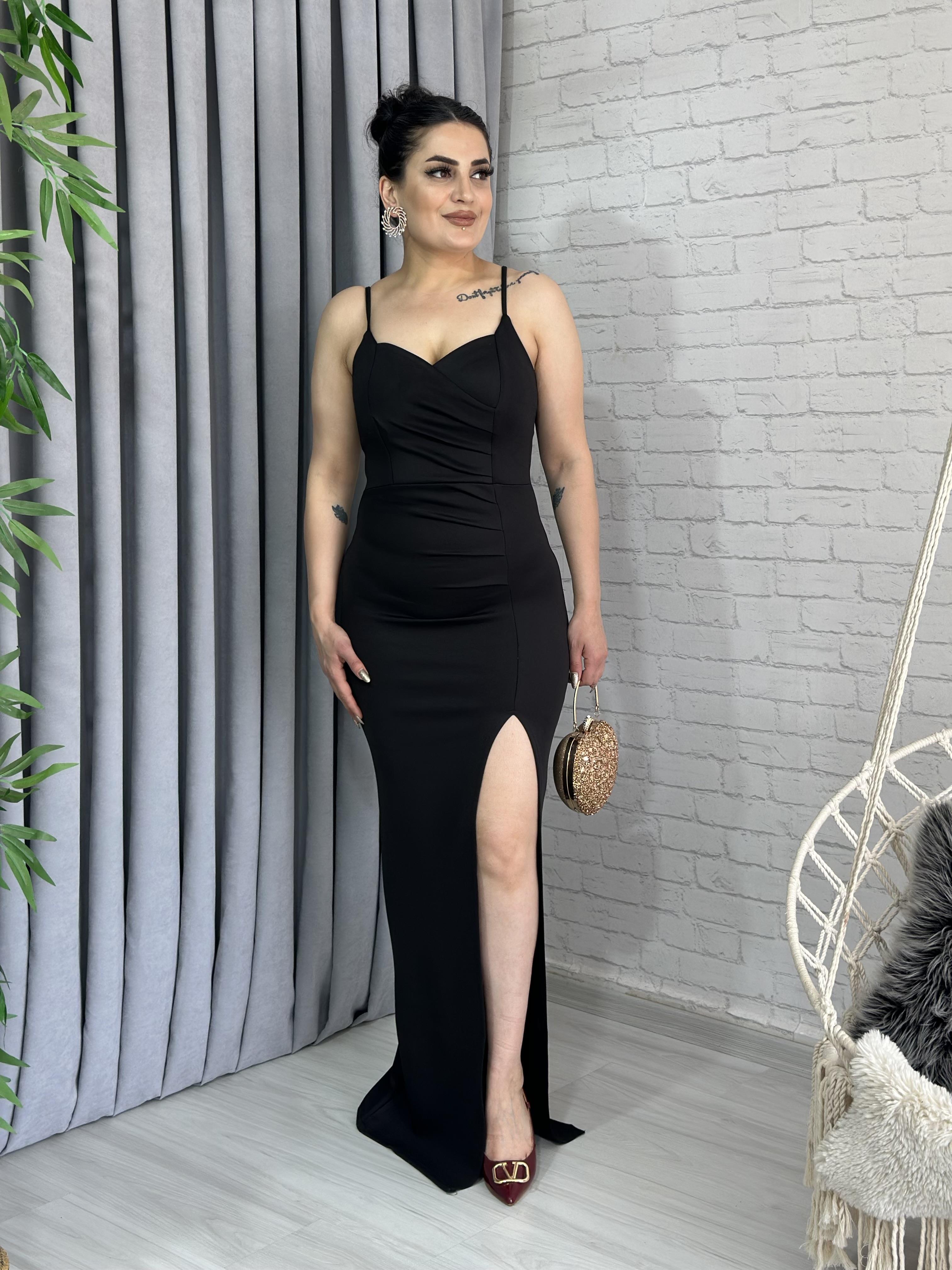 Siyah İp Askı Drapeli Yırtmaçlı Scuba Kumaş Abiye Elbise A082