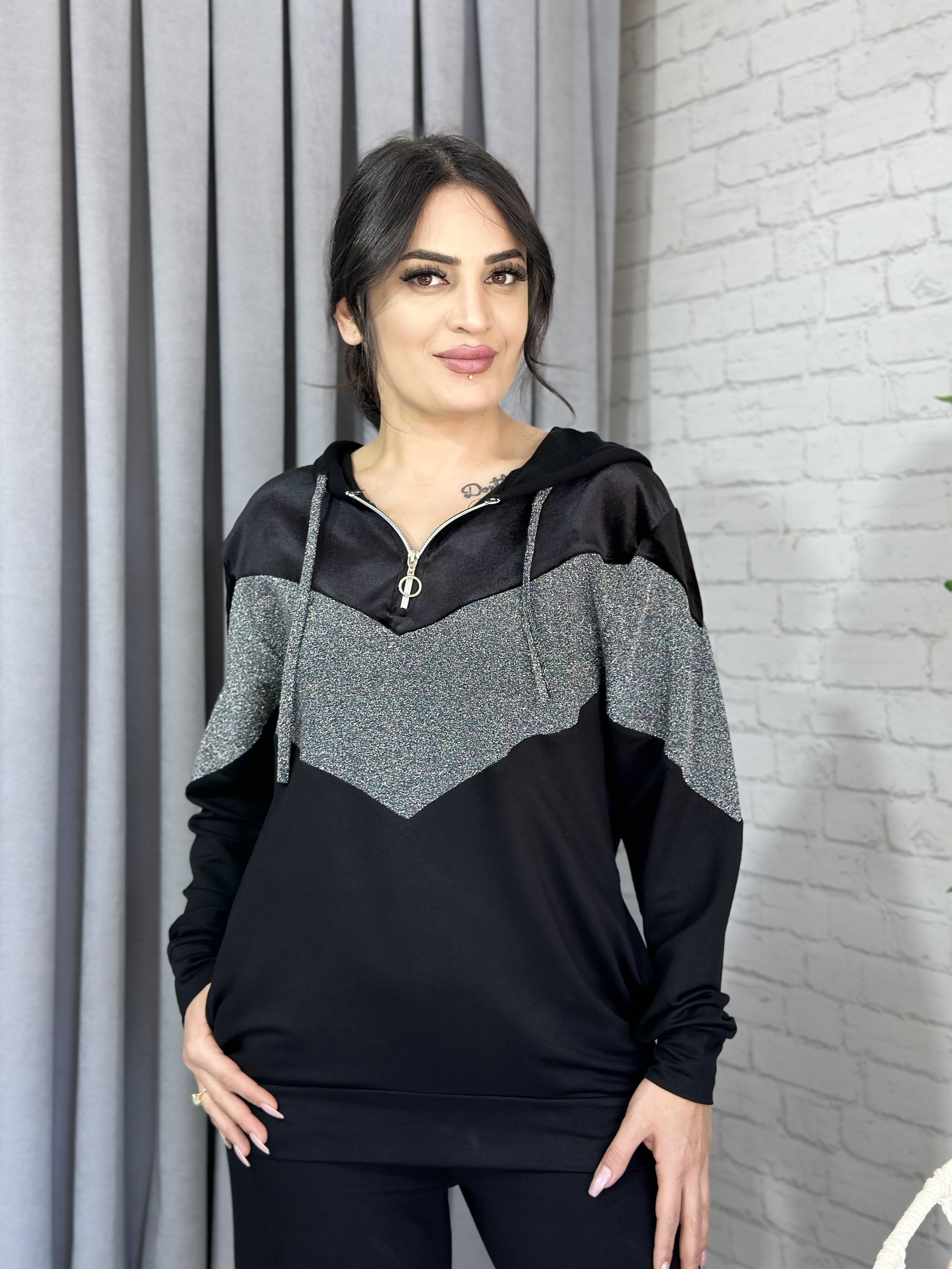 Siyah Kapüşonlu Simli Fermuarlı Sweatshirt 