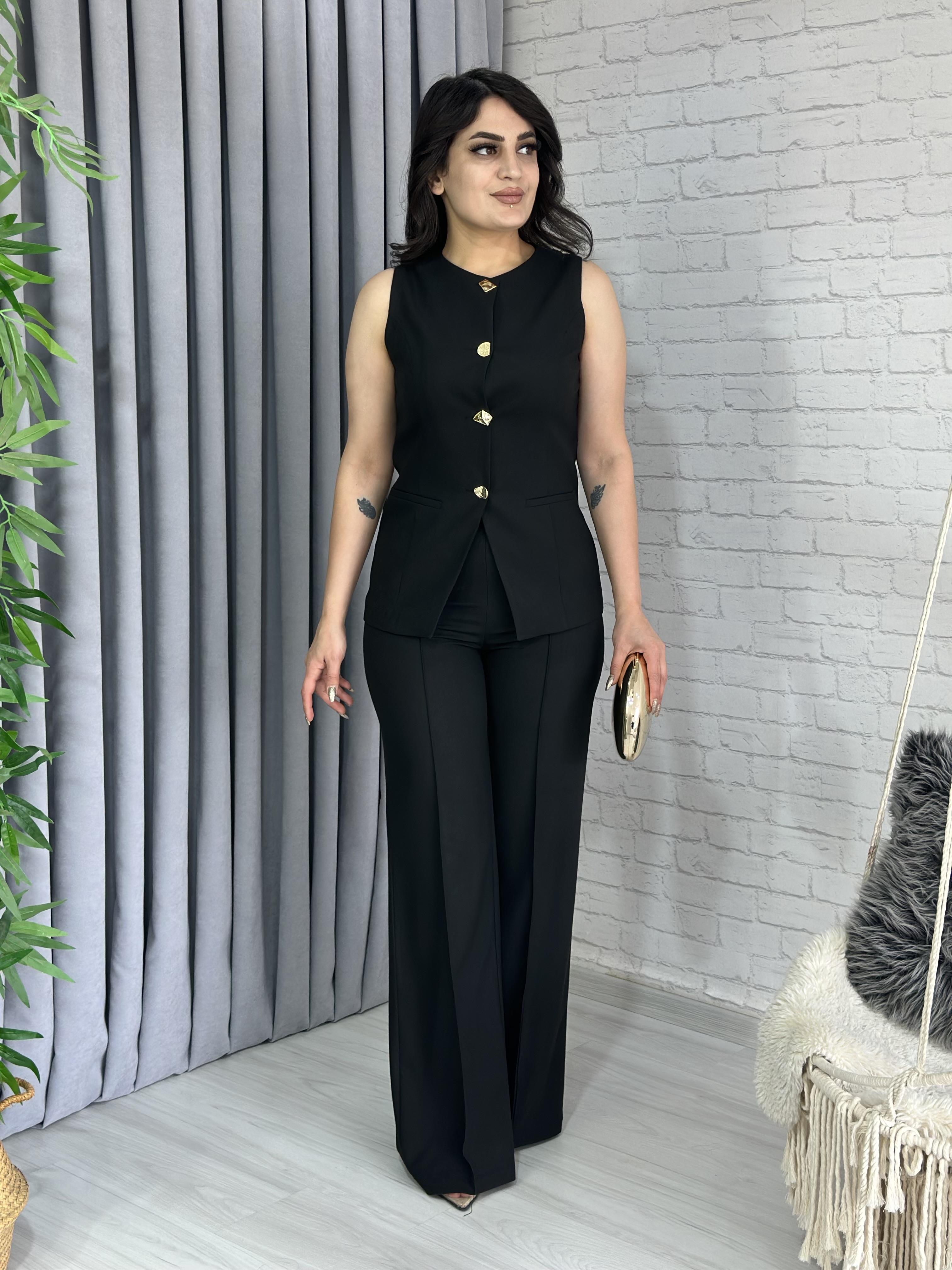Siyah Karma Düğme Keten Cepken Yelek Takım  A063