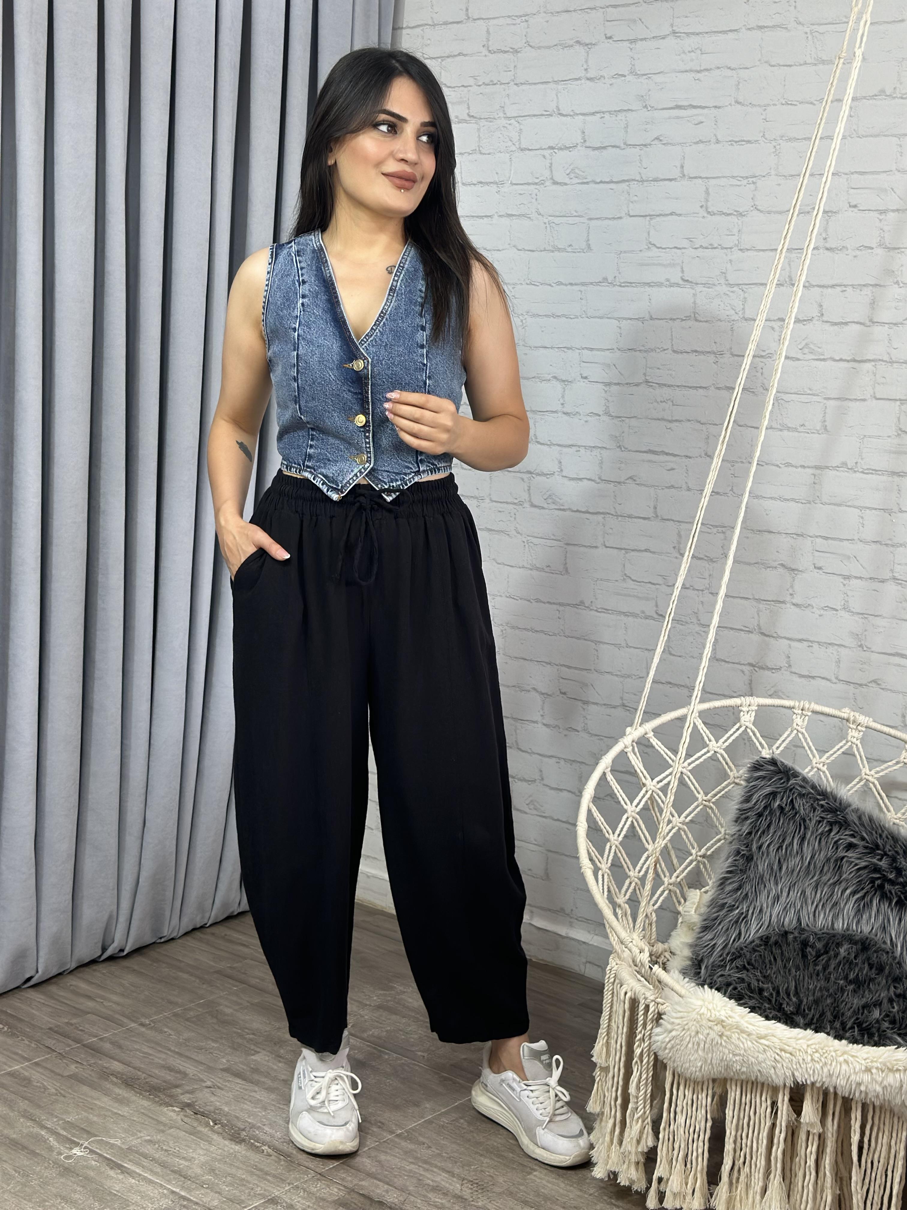 Siyah Keten Kumaş Balon Pantolon