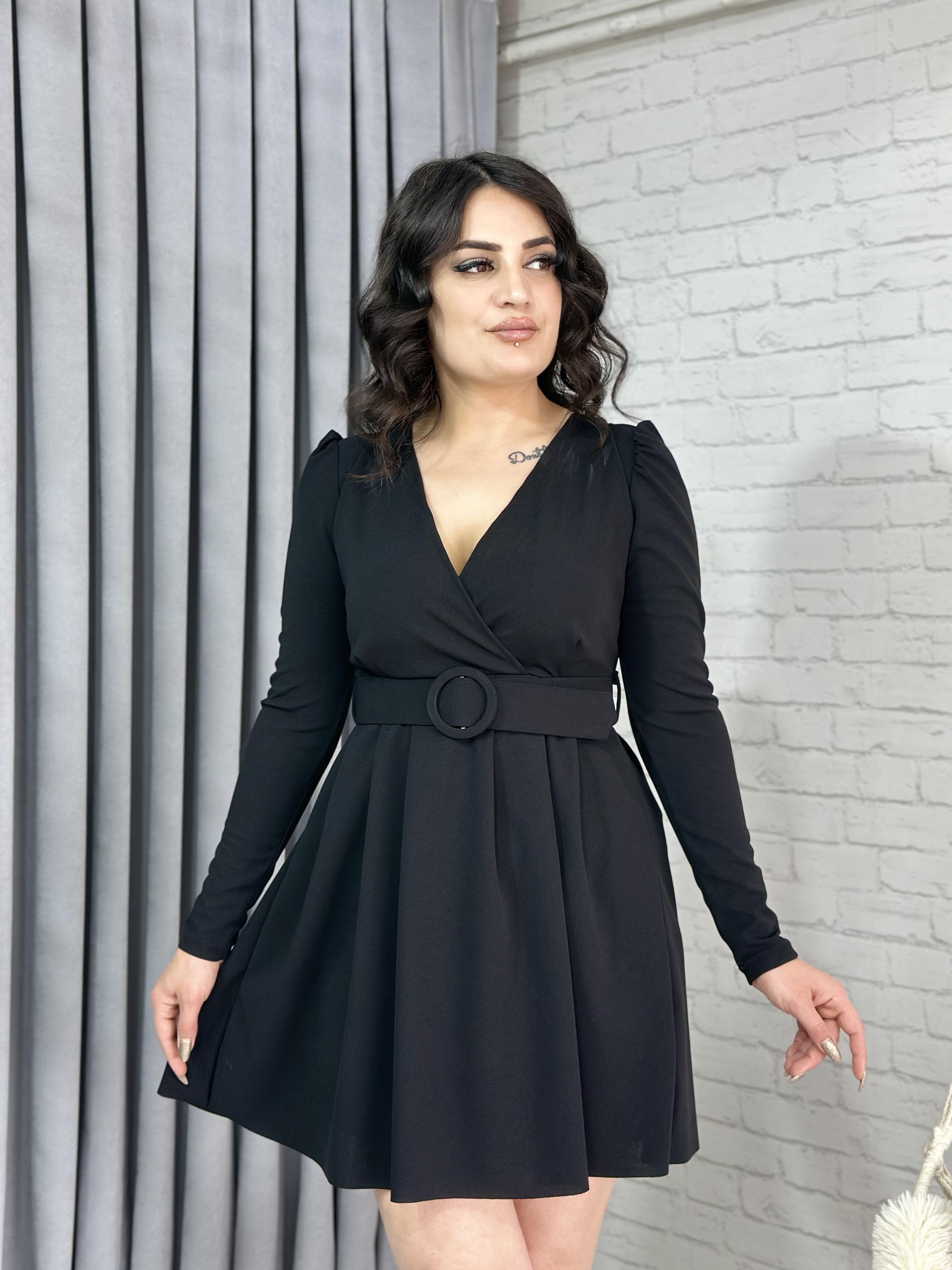 Siyah Kruvaze Yaka Kemerli Krep Elbise A003