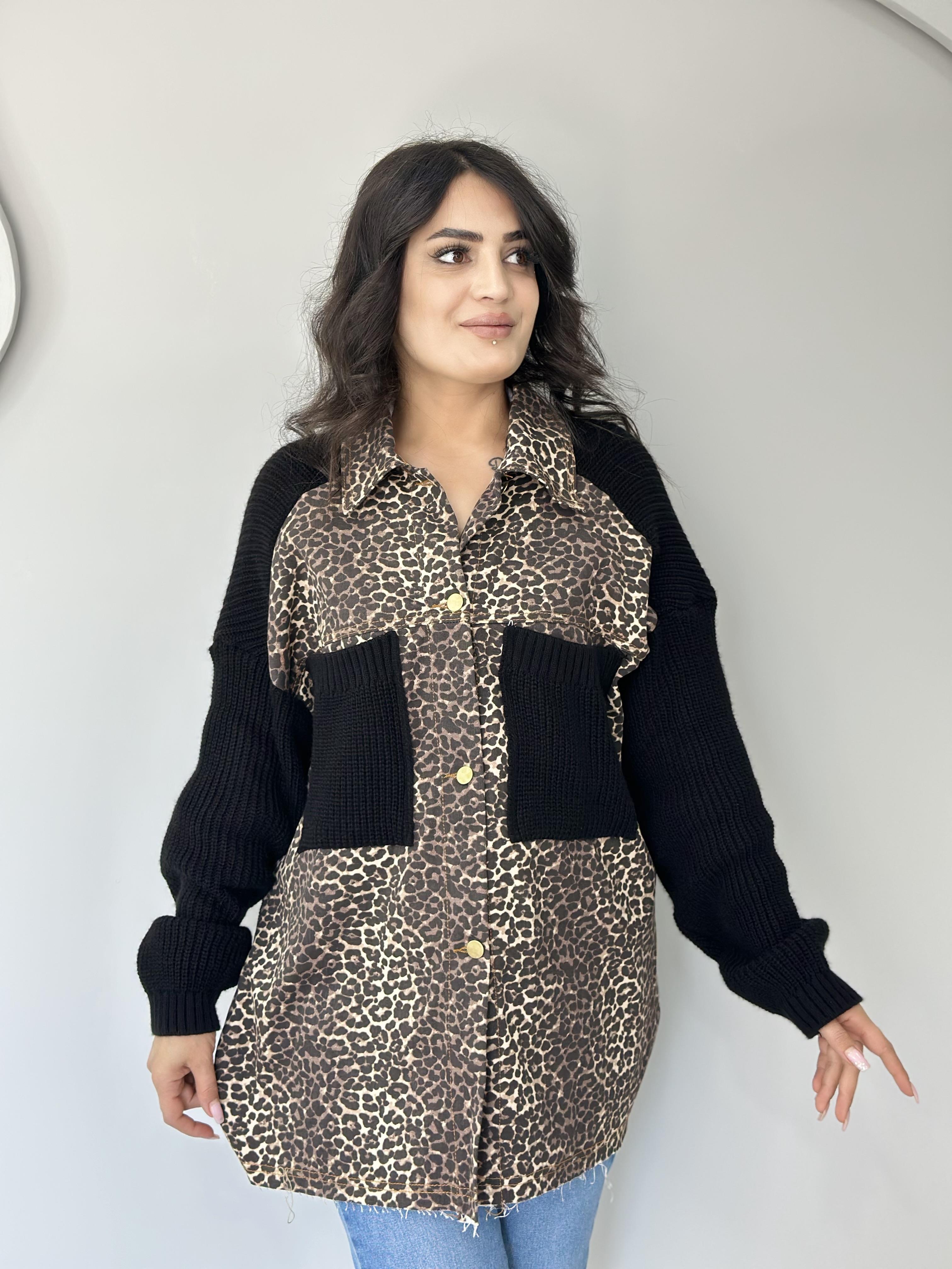 Siyah Leopar Desenli Gabardin Tasarım Hırka Ceket  A602