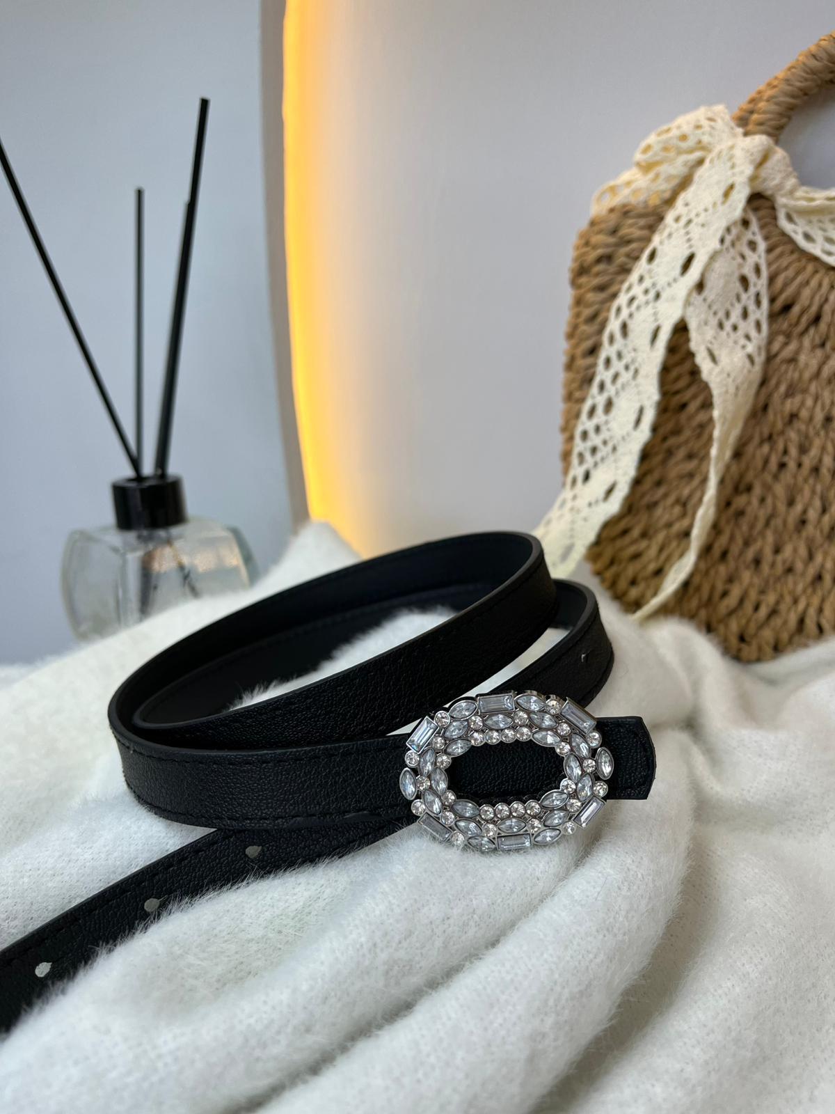 Siyah Oval Gümüş Taşlı Kemer A9074