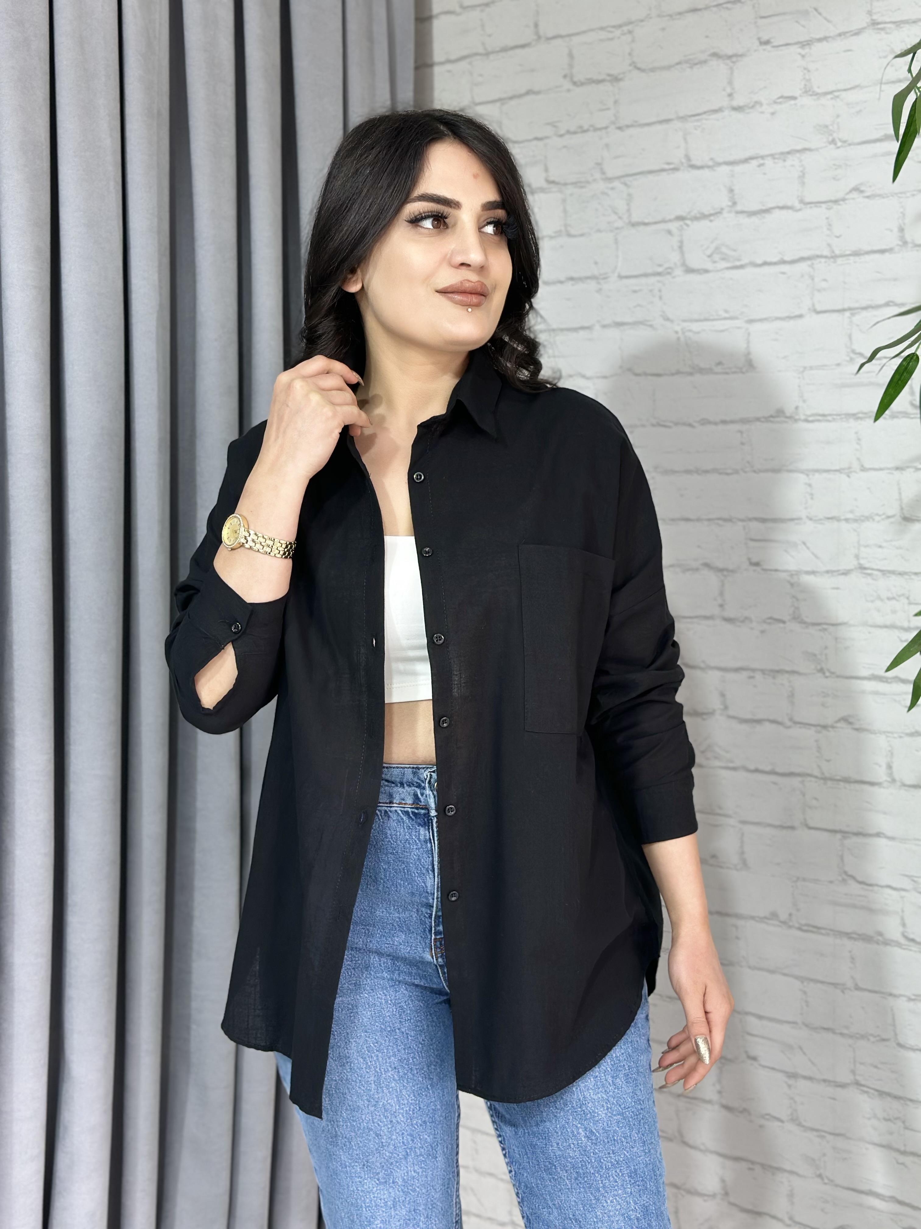 Siyah  Oversize Cepli Keten Gömlek A091