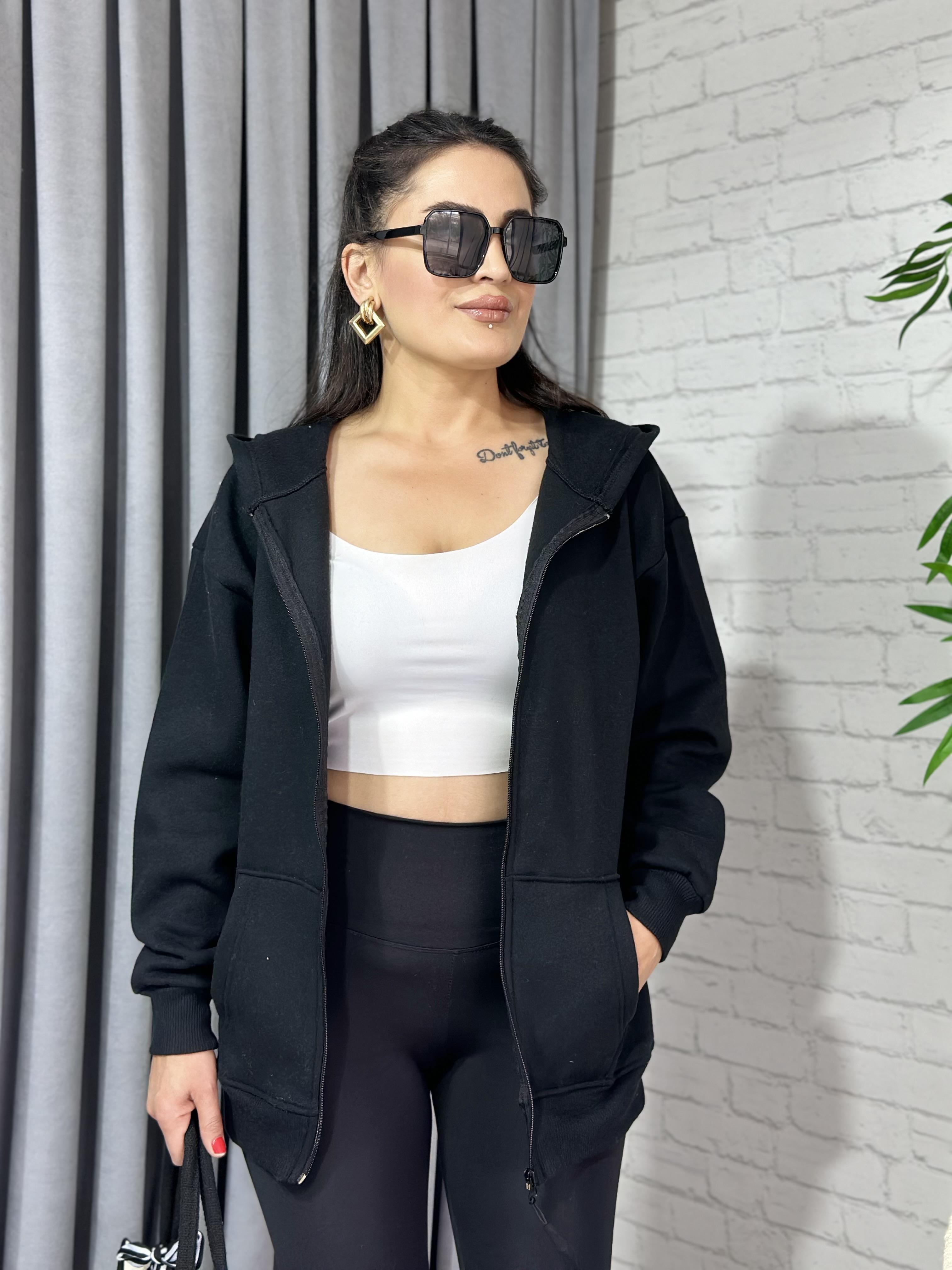 Siyah Oversize Üç İplik Fermuarlı Kapşonlu Sweatshirt 