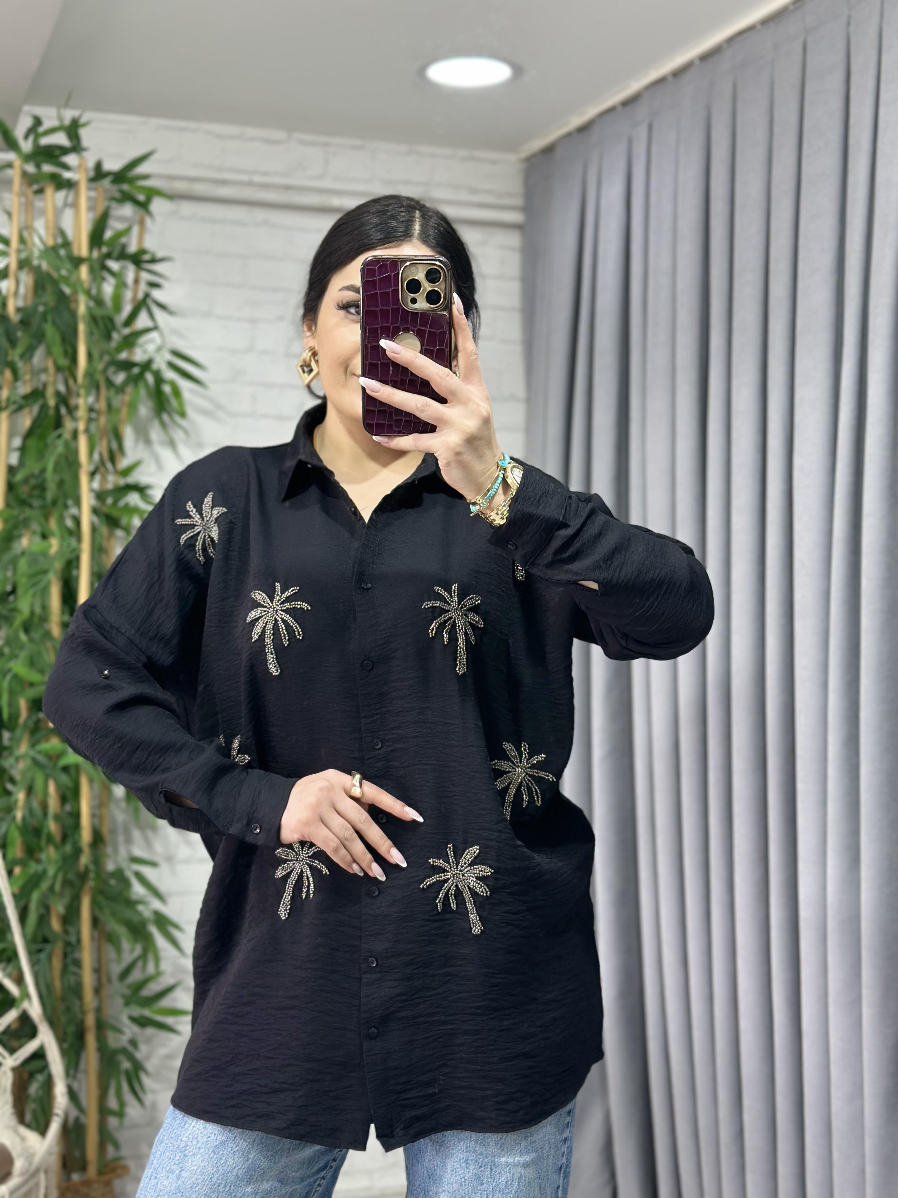 Siyah Palmiye Boncuk İşlemeli Oversize Gömlek